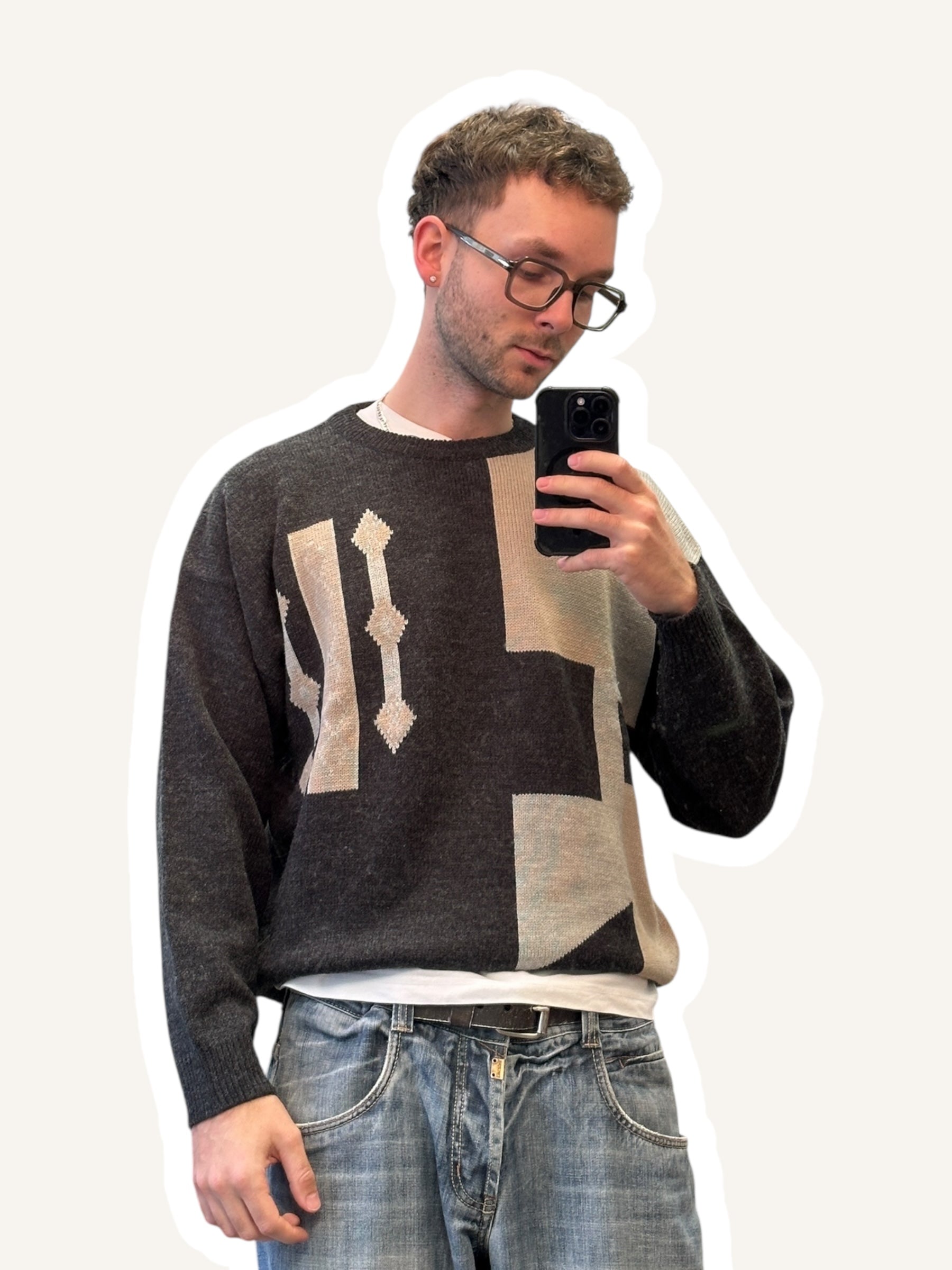 1990s Berto Lucci Creazione Strickpullover Dunkelgrau Geometrisches Muster | Vintage M