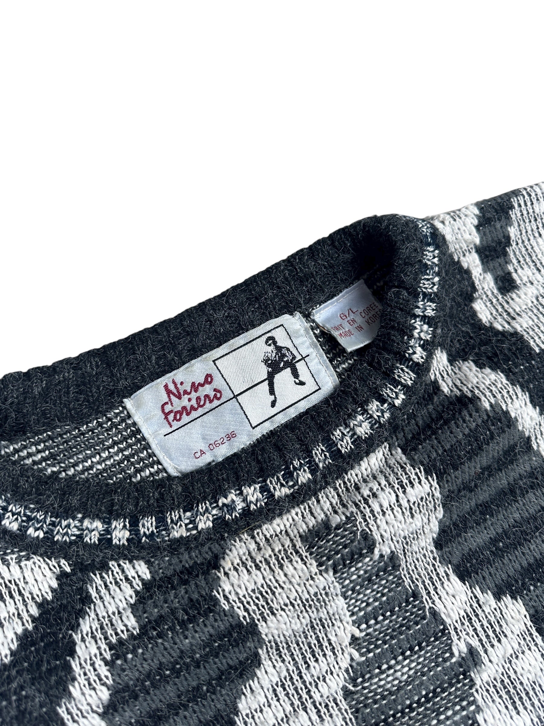 1990s Nino Foriers Strickpullover Schwarz/Grau Geometrisches Muster | Vintage S–M