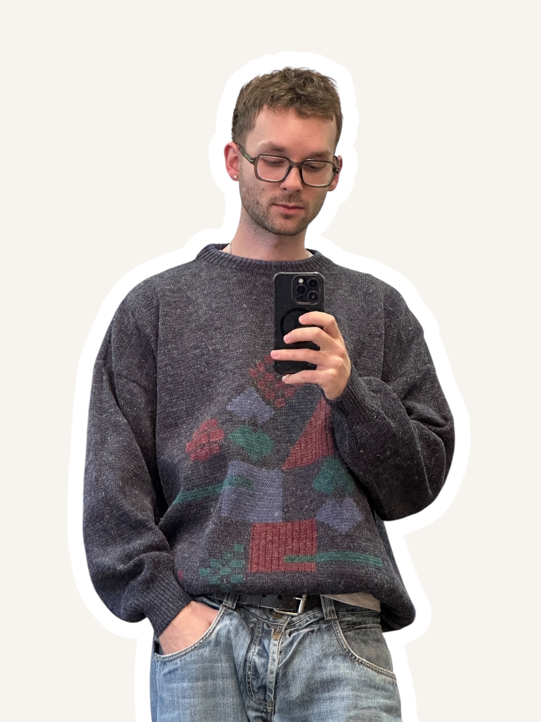 1980s Stricksweater Anthrazit Geometrisches Muster | Vintage L–XL