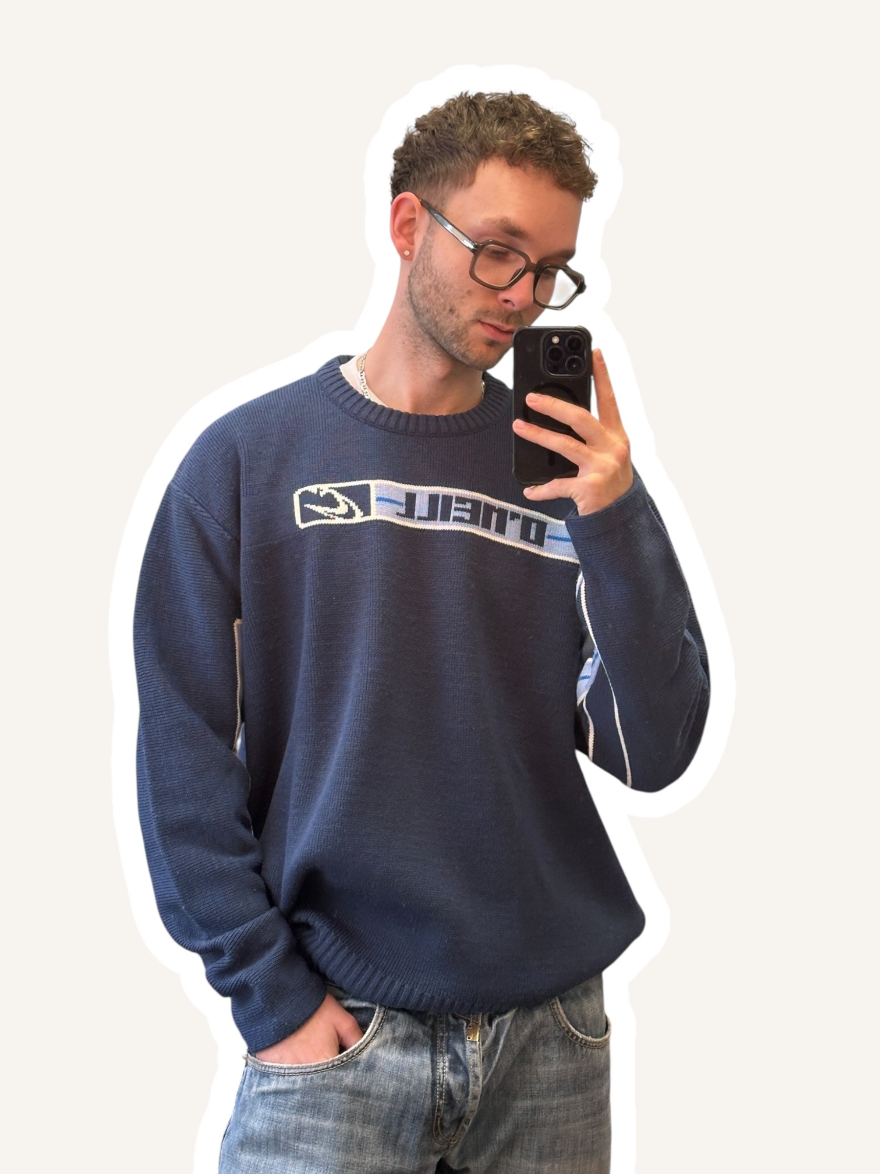 2000s O’Neill Stricksweater Dunkelblau mit Streifen & Spellout | Vintage XL