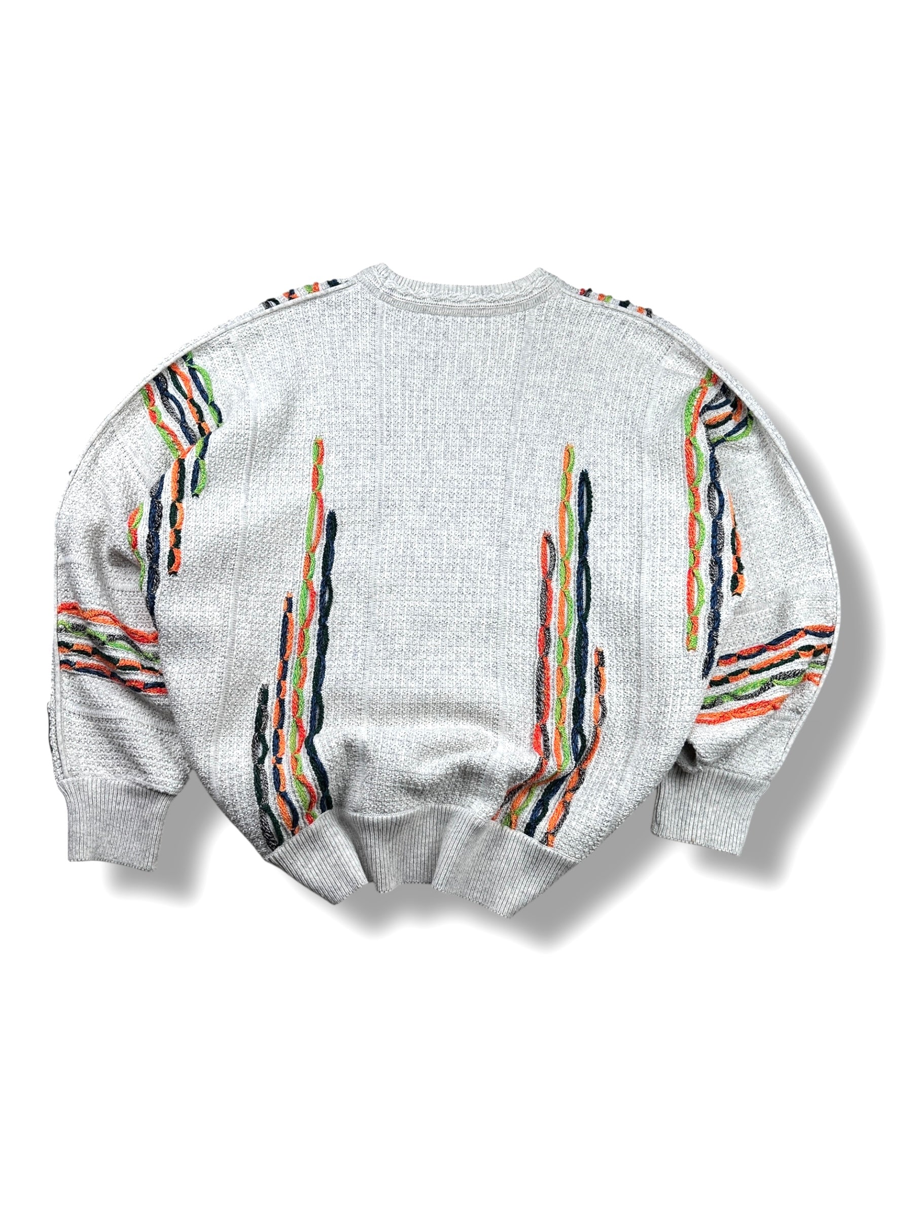 1990s Carlo Colucci 3D-Strickpullover Hellgrau mit bunten Streifen | Vintage M-L