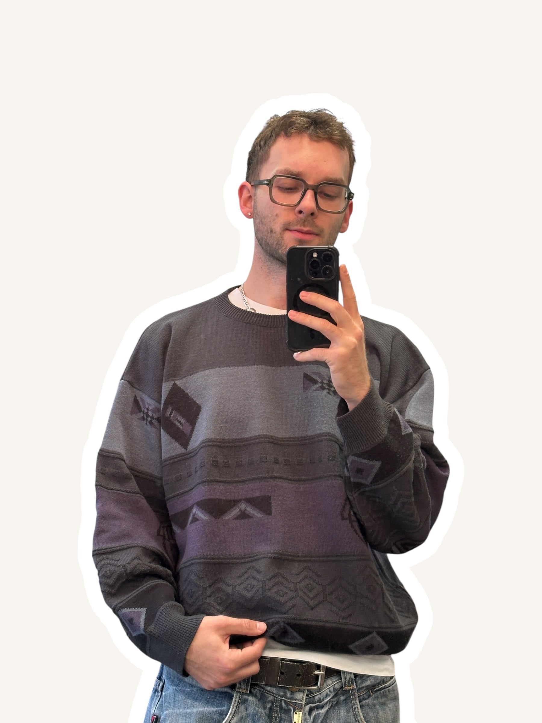 1980s Götzburg Strickpullover Blau/Lila Geometrisches Muster | Vintage M-L