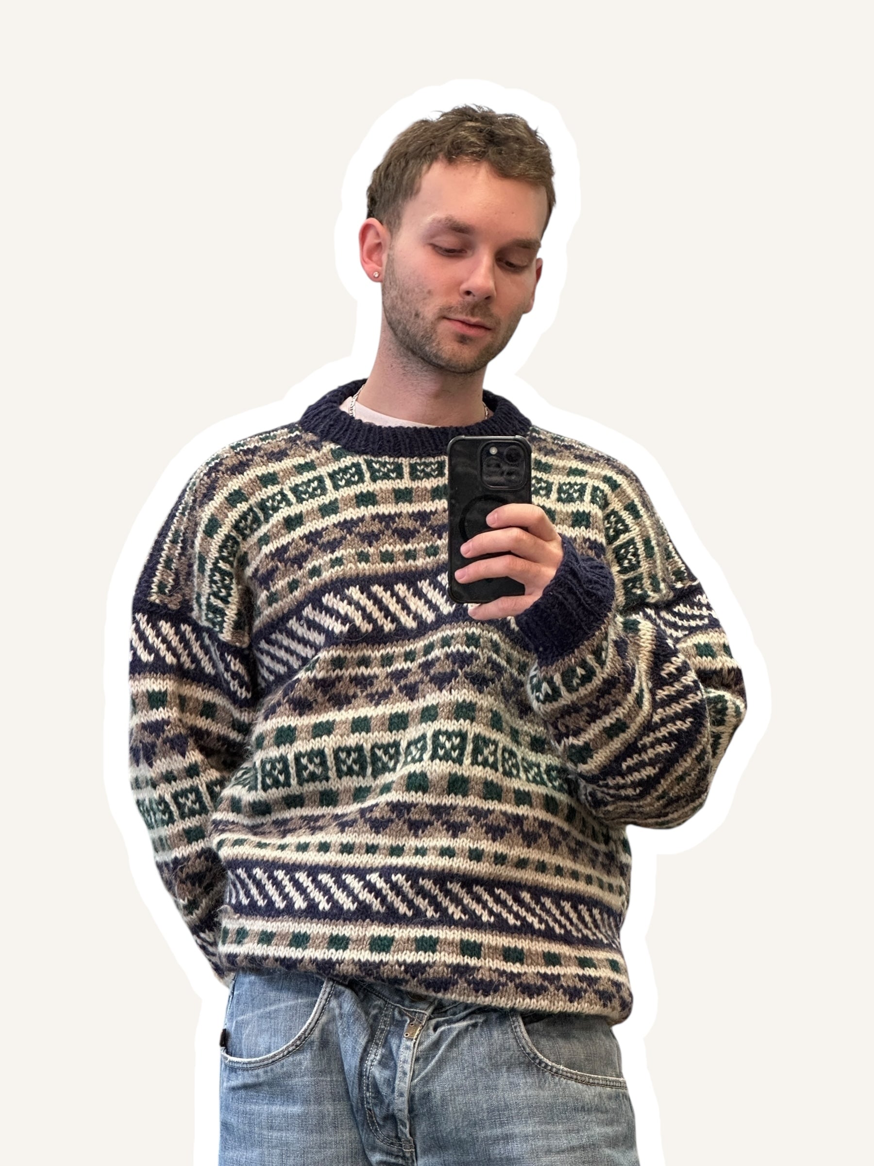 1990s Handgestrickter Stricksweater Dunkelblau Fair-Isle Muster | Vintage L–XL