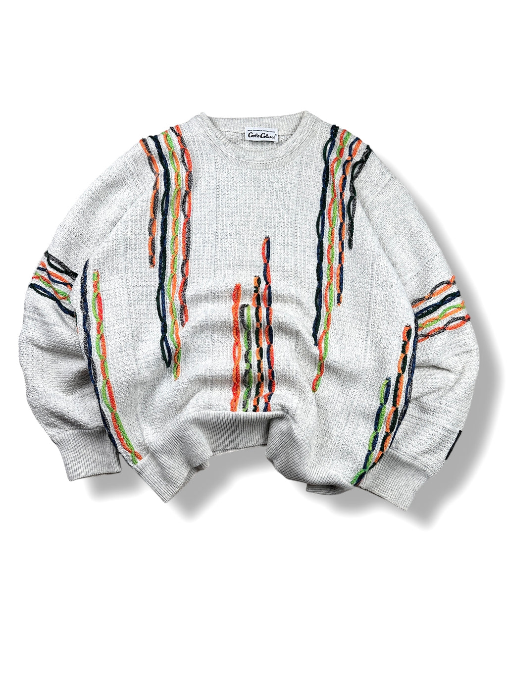 1990s Carlo Colucci 3D-Strickpullover Hellgrau mit bunten Streifen | Vintage M-L