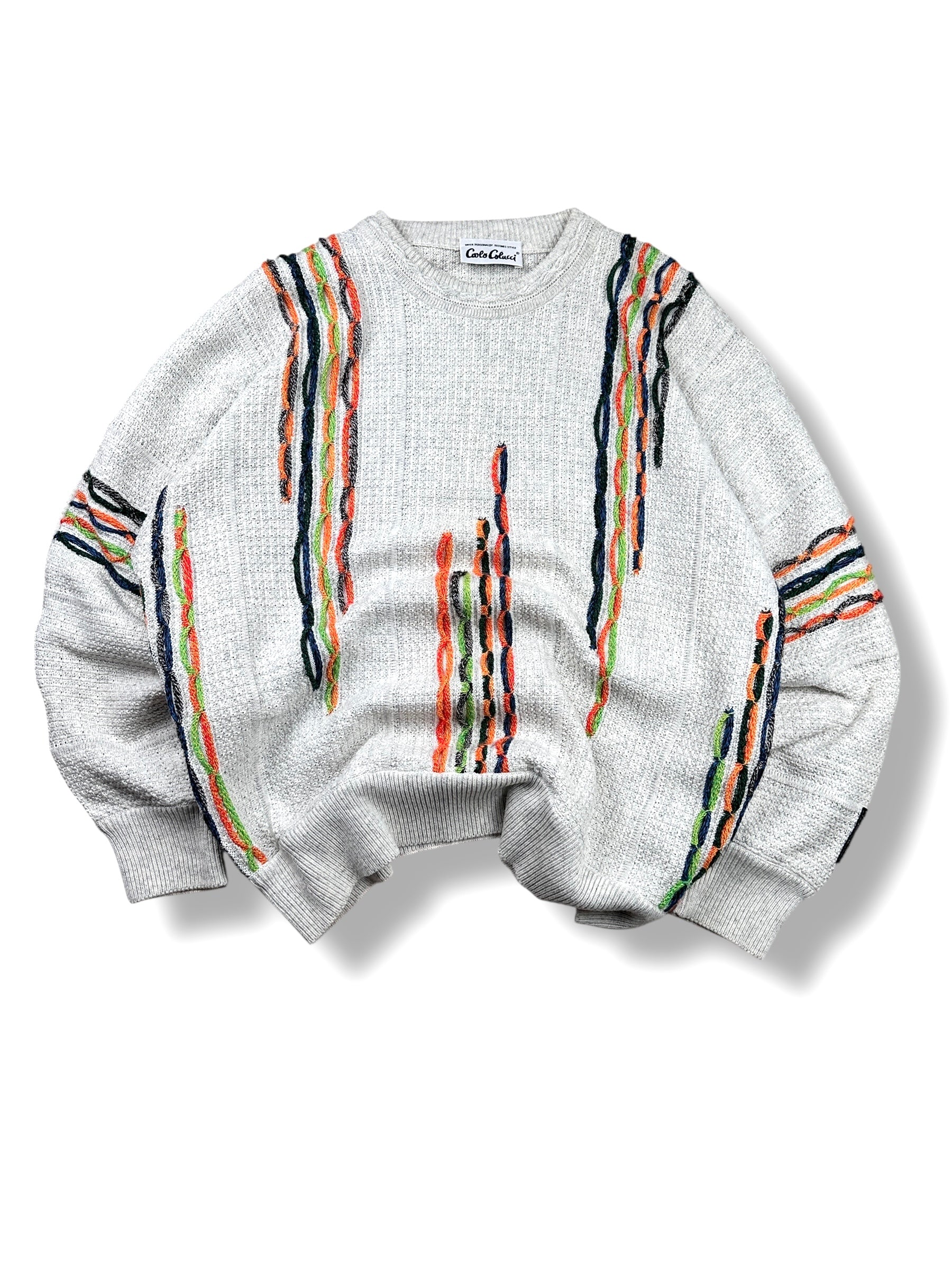 1990s Carlo Colucci 3D-Strickpullover Hellgrau mit bunten Streifen | Vintage M-L