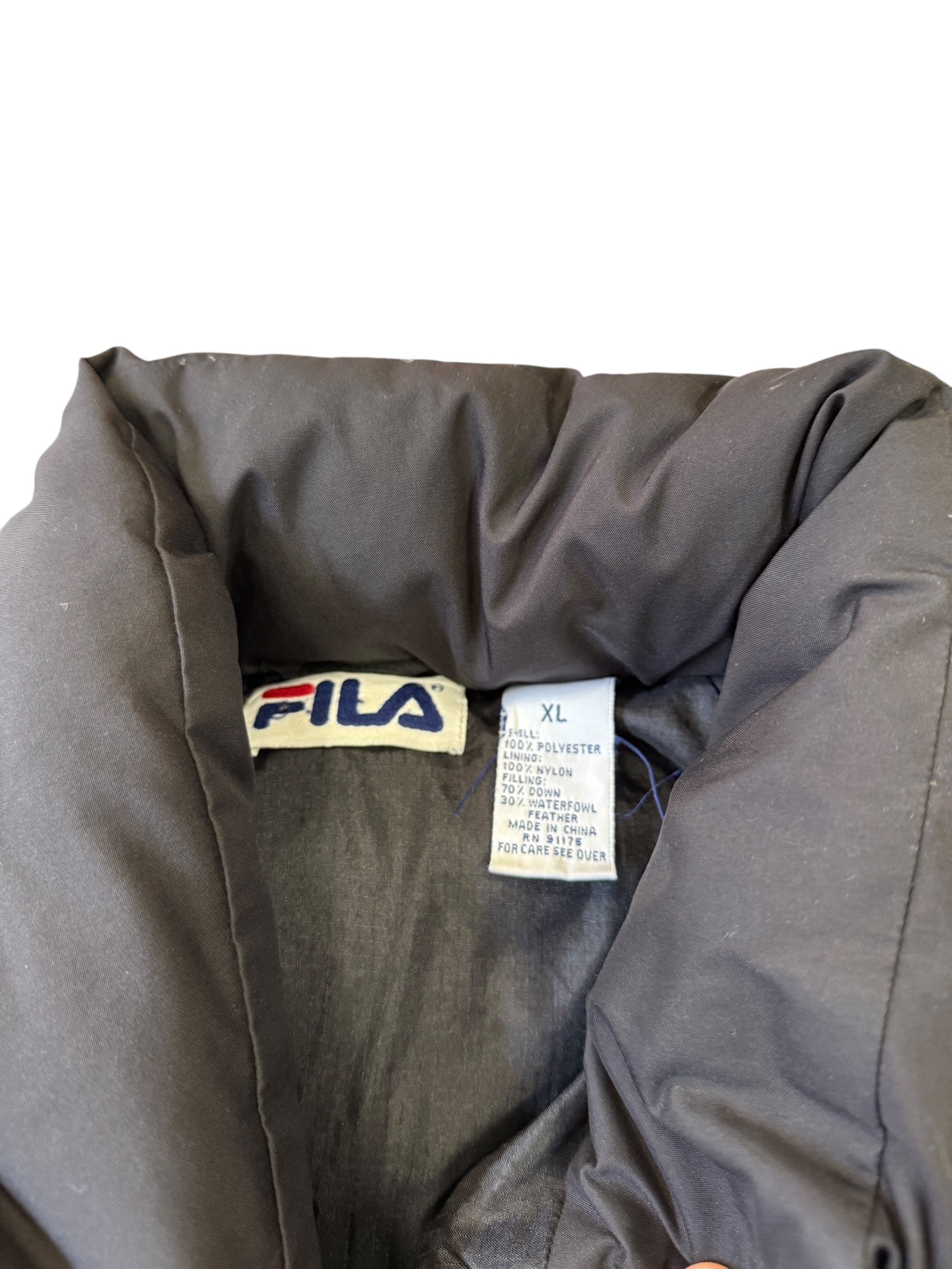 1990s FILA Black Dawn Daunen Pufferjacke Schwarz | XL