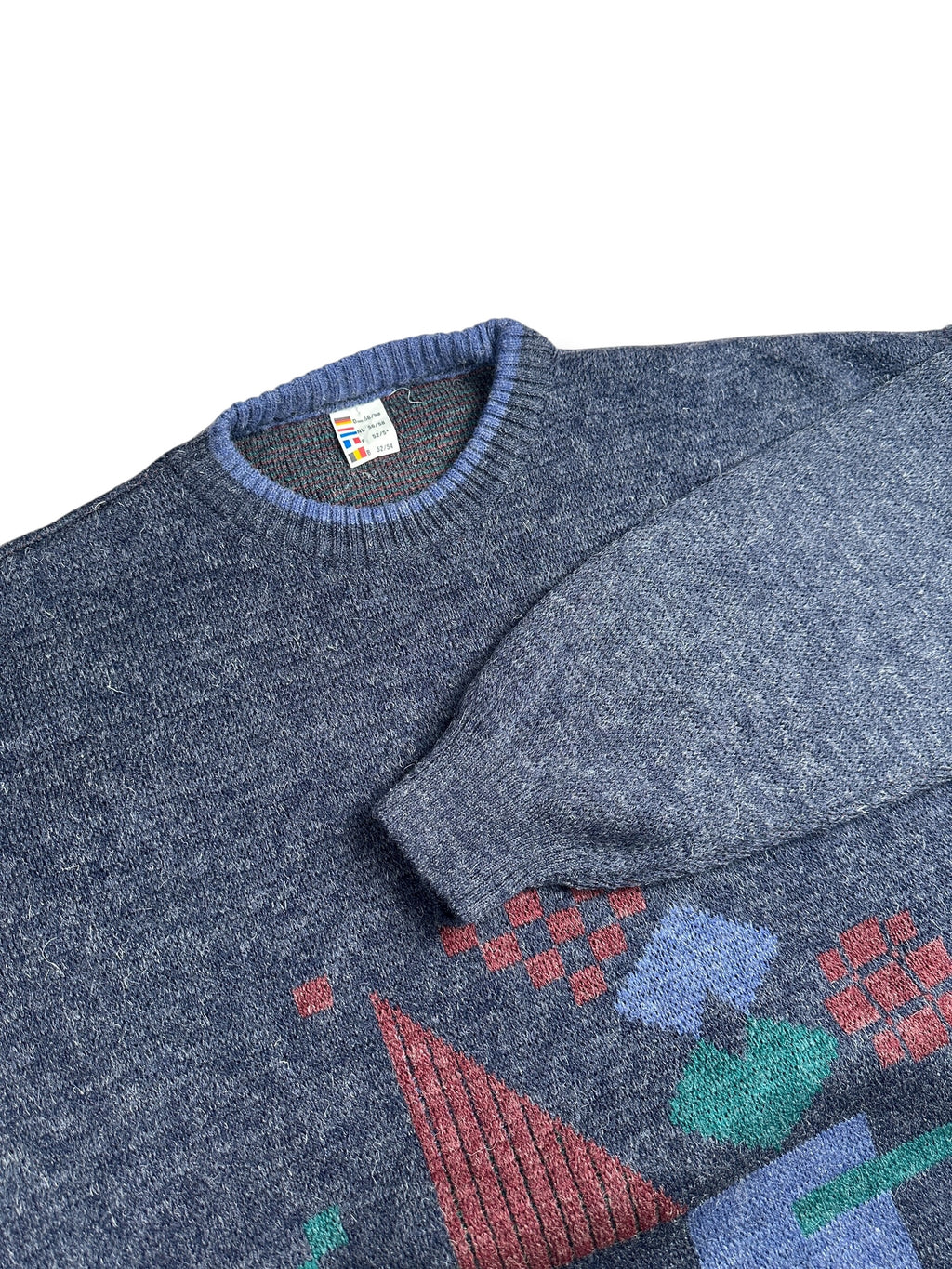 1980s Stricksweater Anthrazit Geometrisches Muster | Vintage L–XL