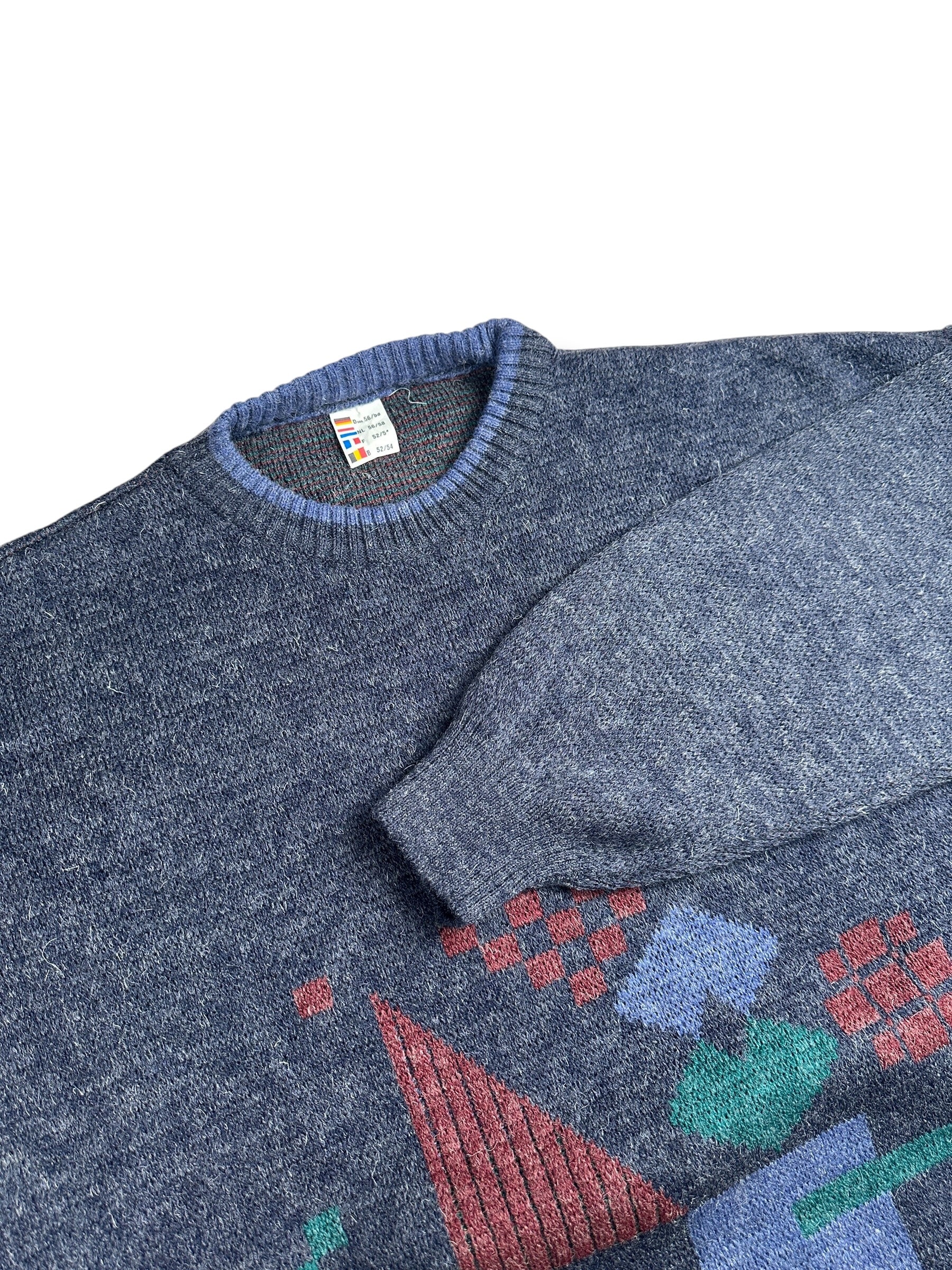 1980s Stricksweater Anthrazit Geometrisches Muster | Vintage L–XL