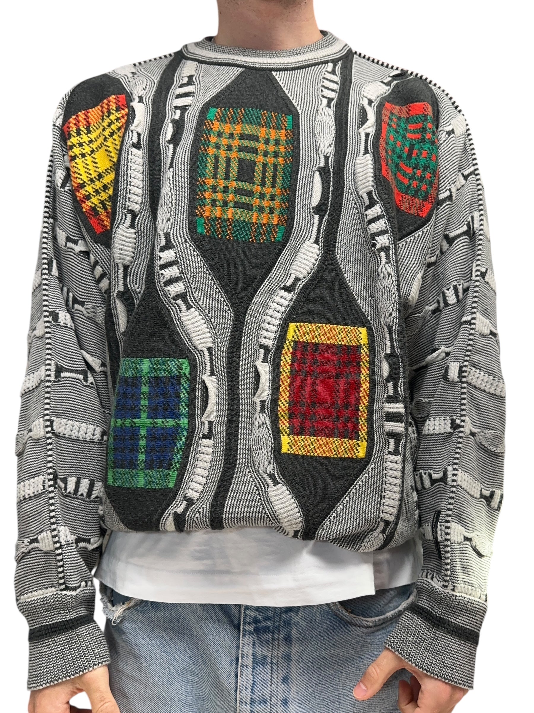 1990s Carlo Colucci Sweater Strick Weiß Schwarz Baumwolle/ Schurwolle XL