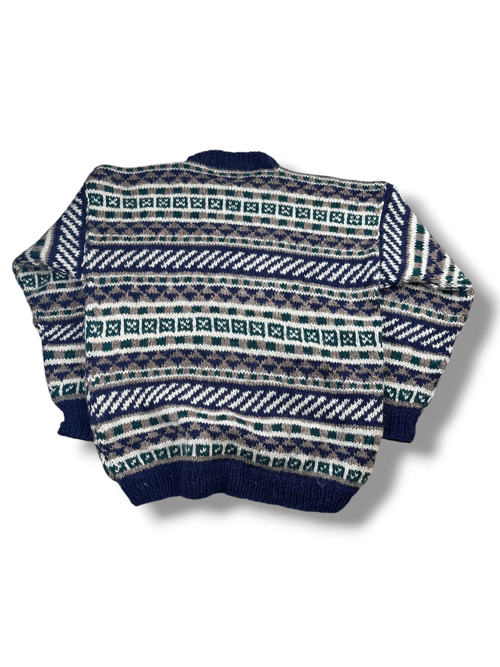 1990s Handgestrickter Stricksweater Dunkelblau Fair-Isle Muster | Vintage L–XL