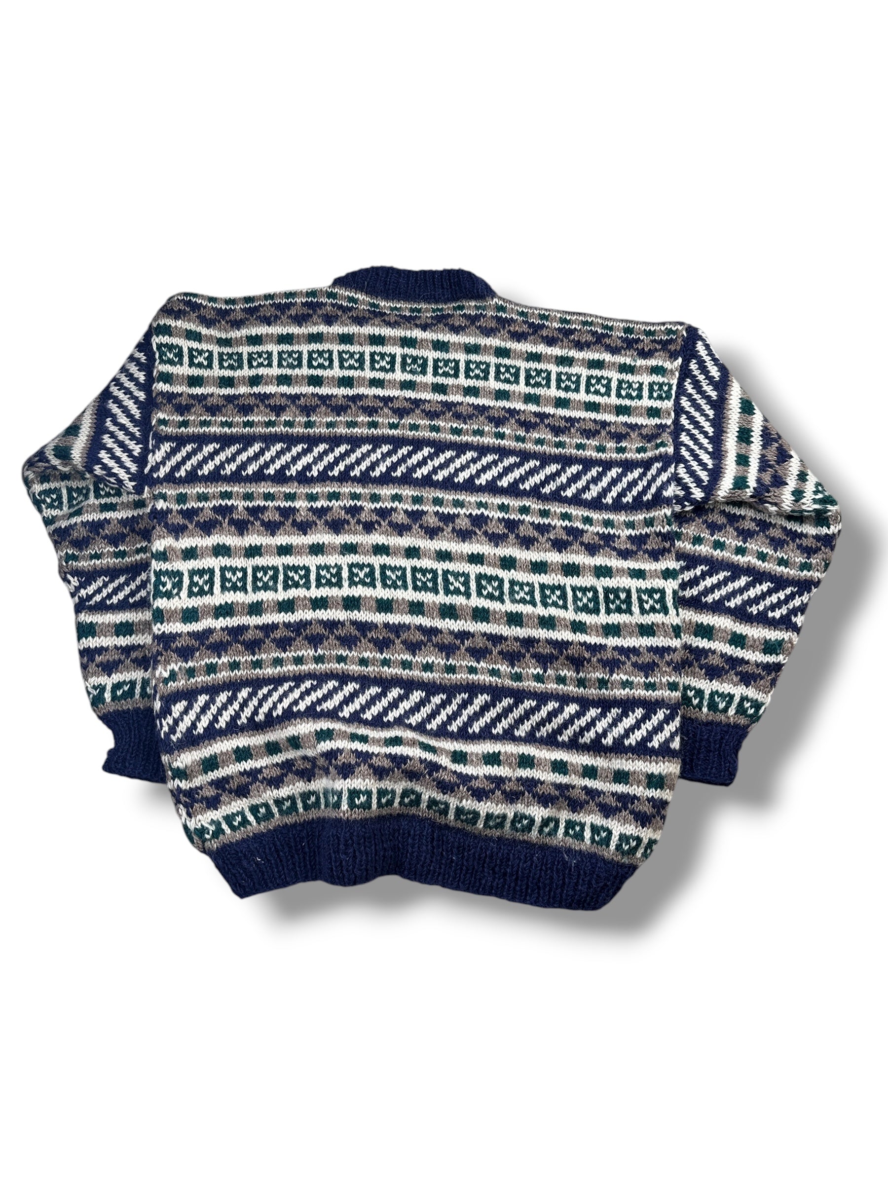 1990s Handgestrickter Stricksweater Dunkelblau Fair-Isle Muster | Vintage L–XL