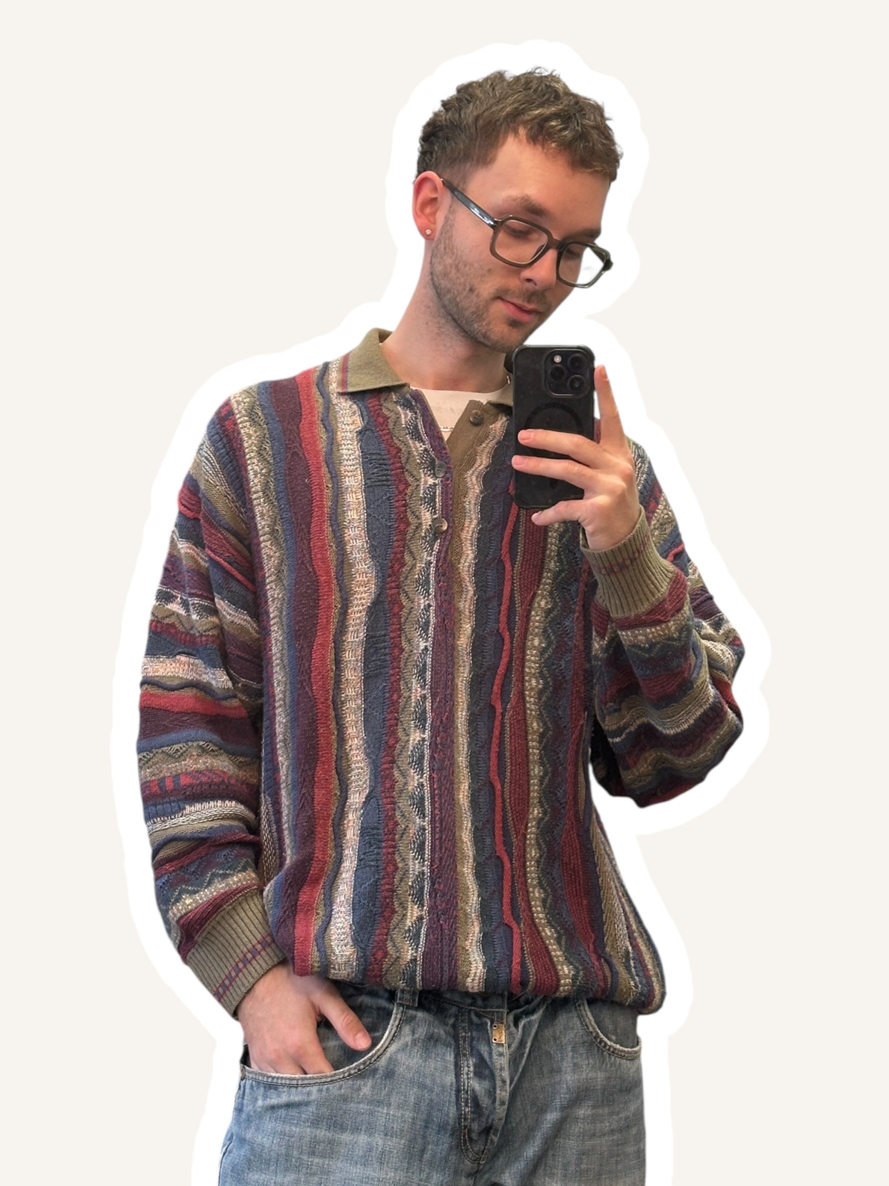 1990s Strickpullover mit Polokragen Mehrfarbig Vertikale Streifen | Vintage XL