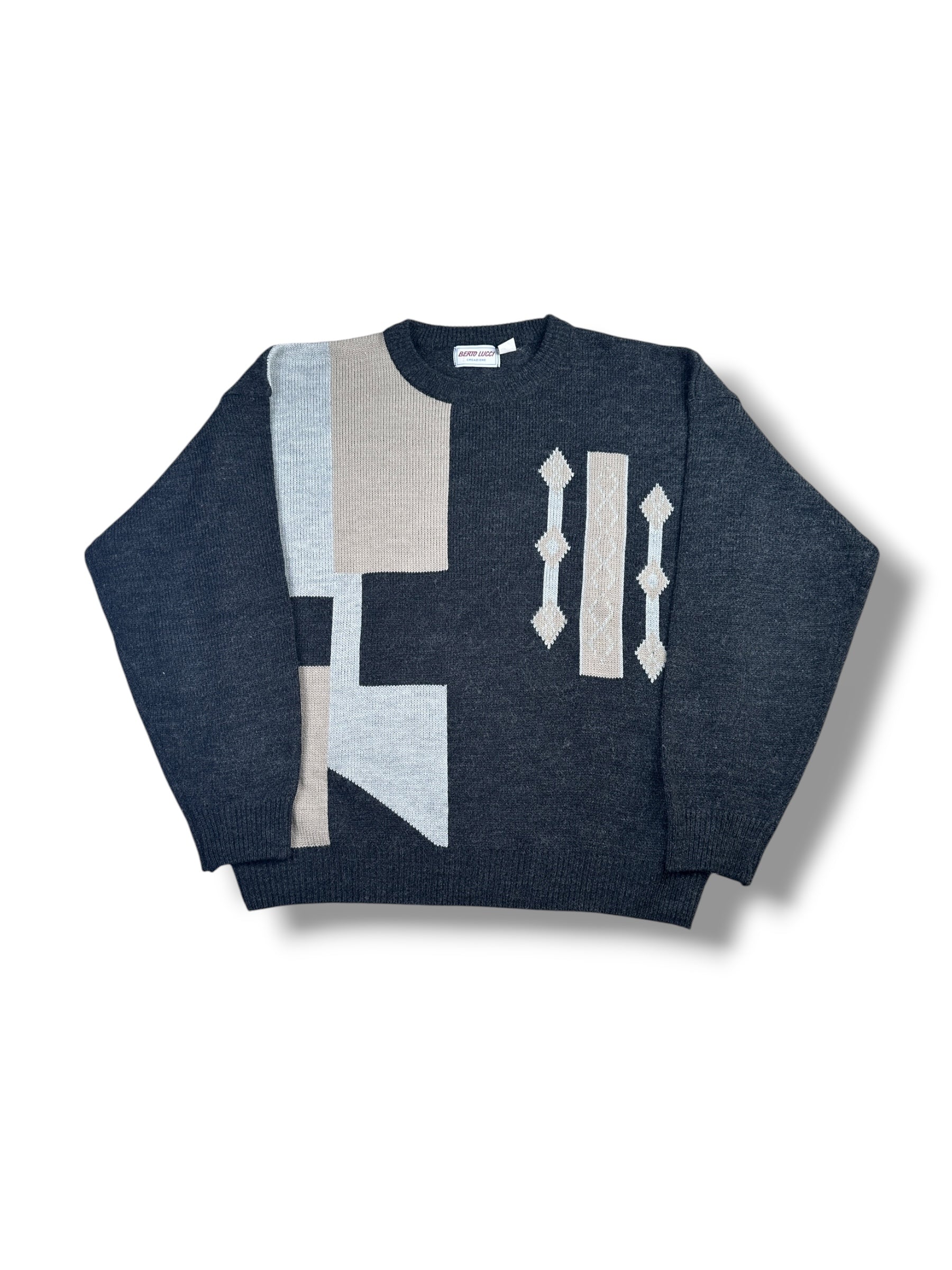 1990s Berto Lucci Creazione Strickpullover Dunkelgrau Geometrisches Muster | Vintage M