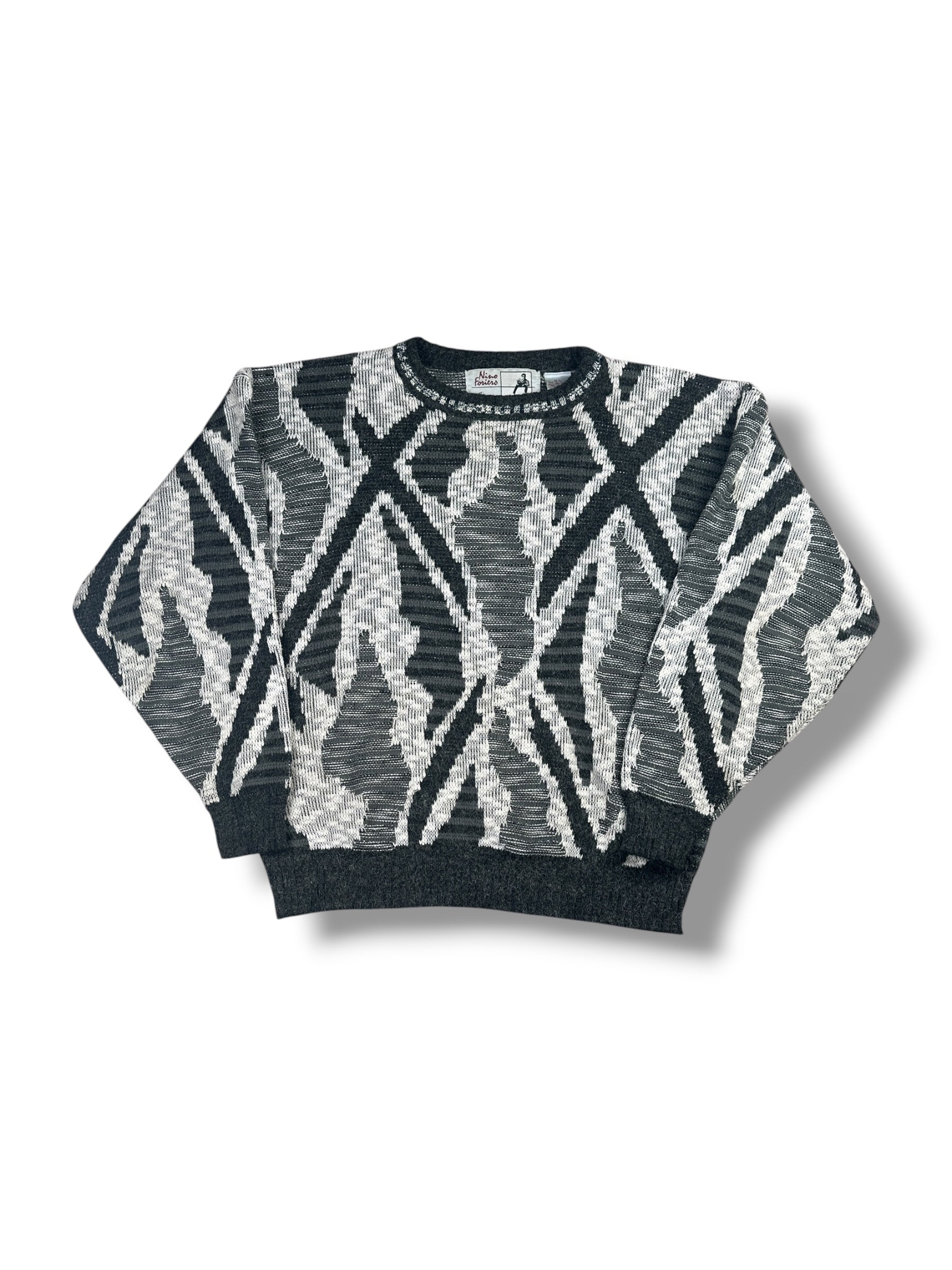 1990s Nino Foriers Strickpullover Schwarz/Grau Geometrisches Muster | Vintage S–M