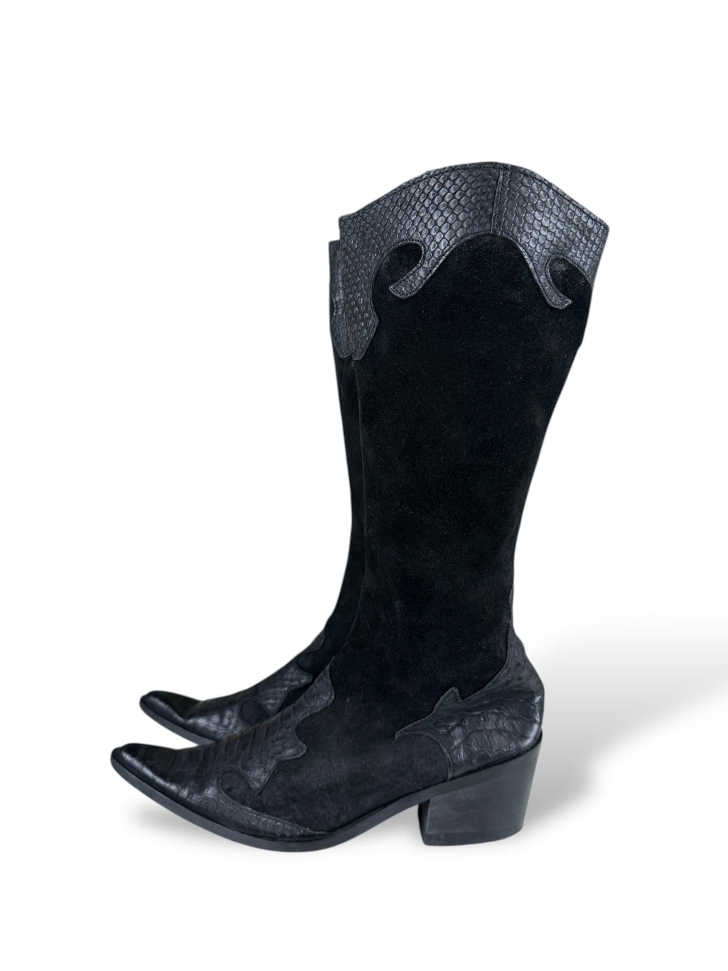 Western Cowgirl Boots Black Suede & Croco Look | 37