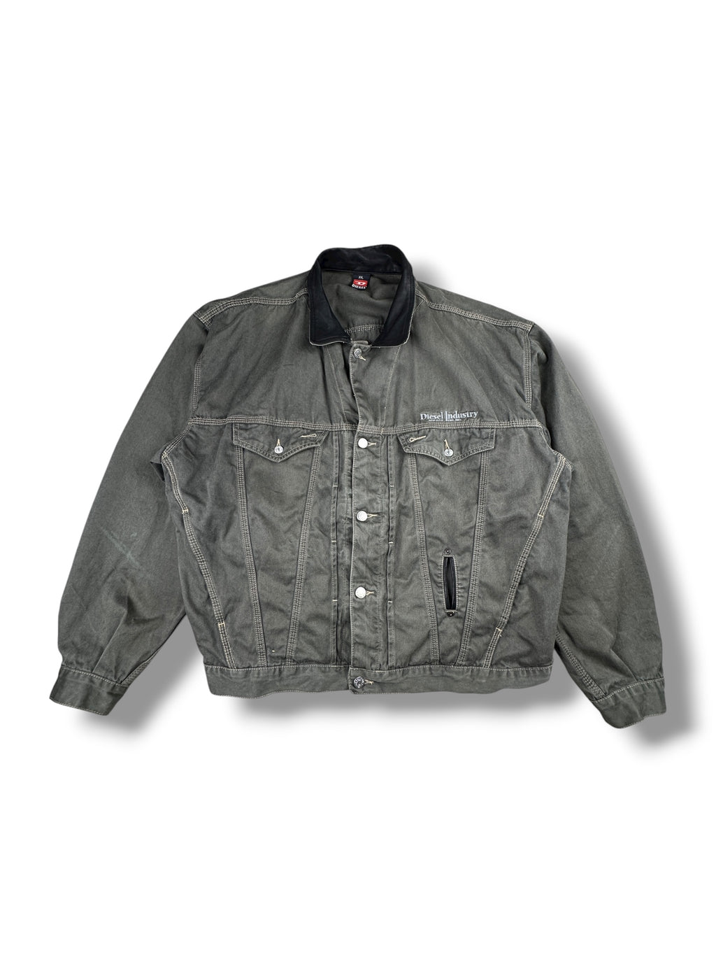 1990s Diesel Industries Jeansjacke Stone Grau mit Lederkragen | Vintage XXL