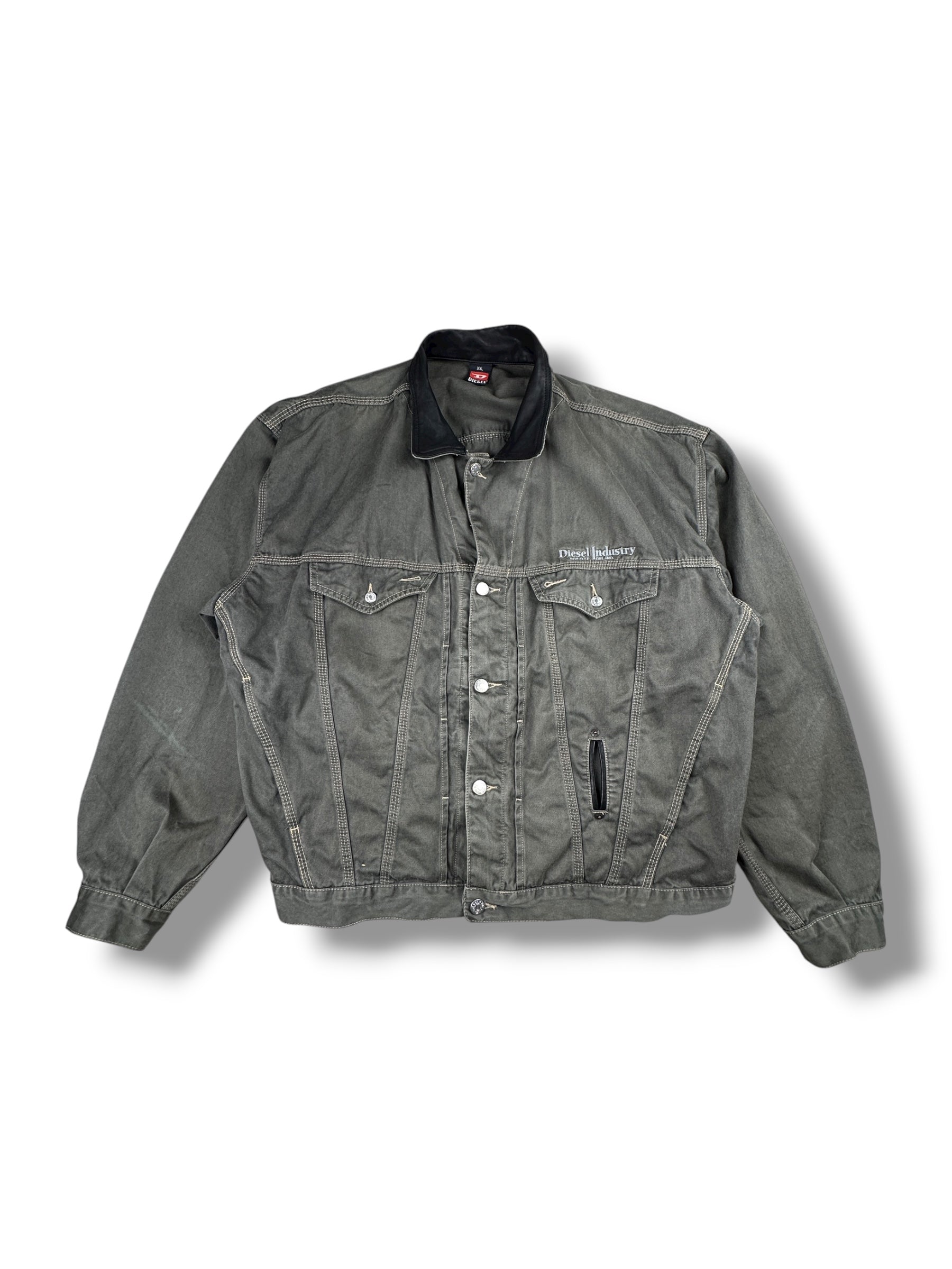 1990s Diesel Industries Jeansjacke Stone Grau mit Lederkragen | Vintage XXL