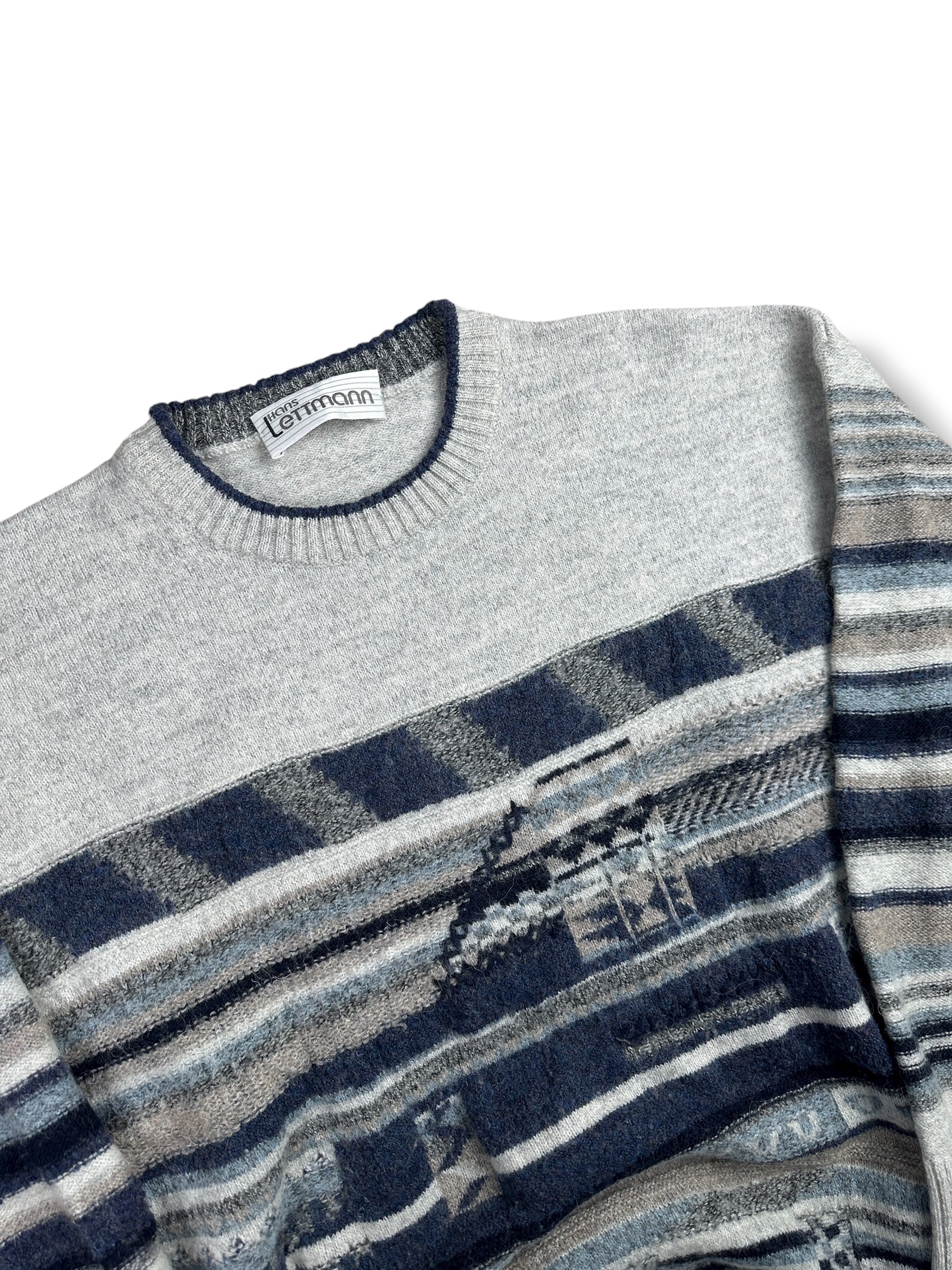 1990s Hans Lettmann Strickpullover Grau Streifen Geometrisches Muster | Vintage S–M