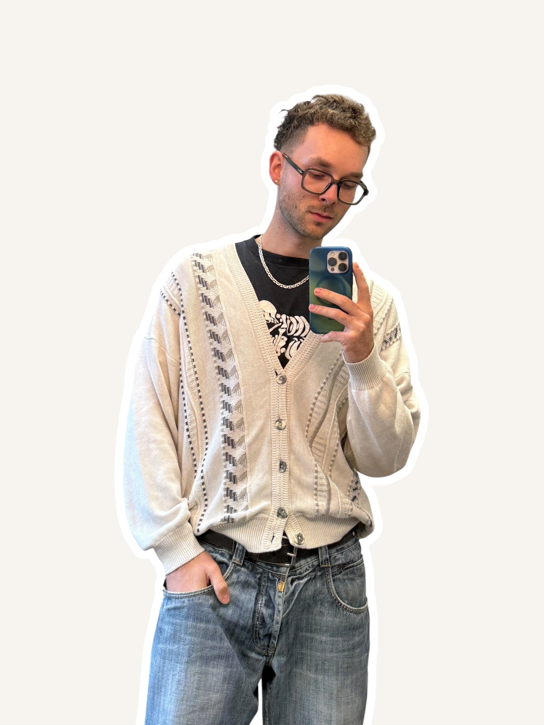 1990s Westbury Cardigan Weiß Grau | L