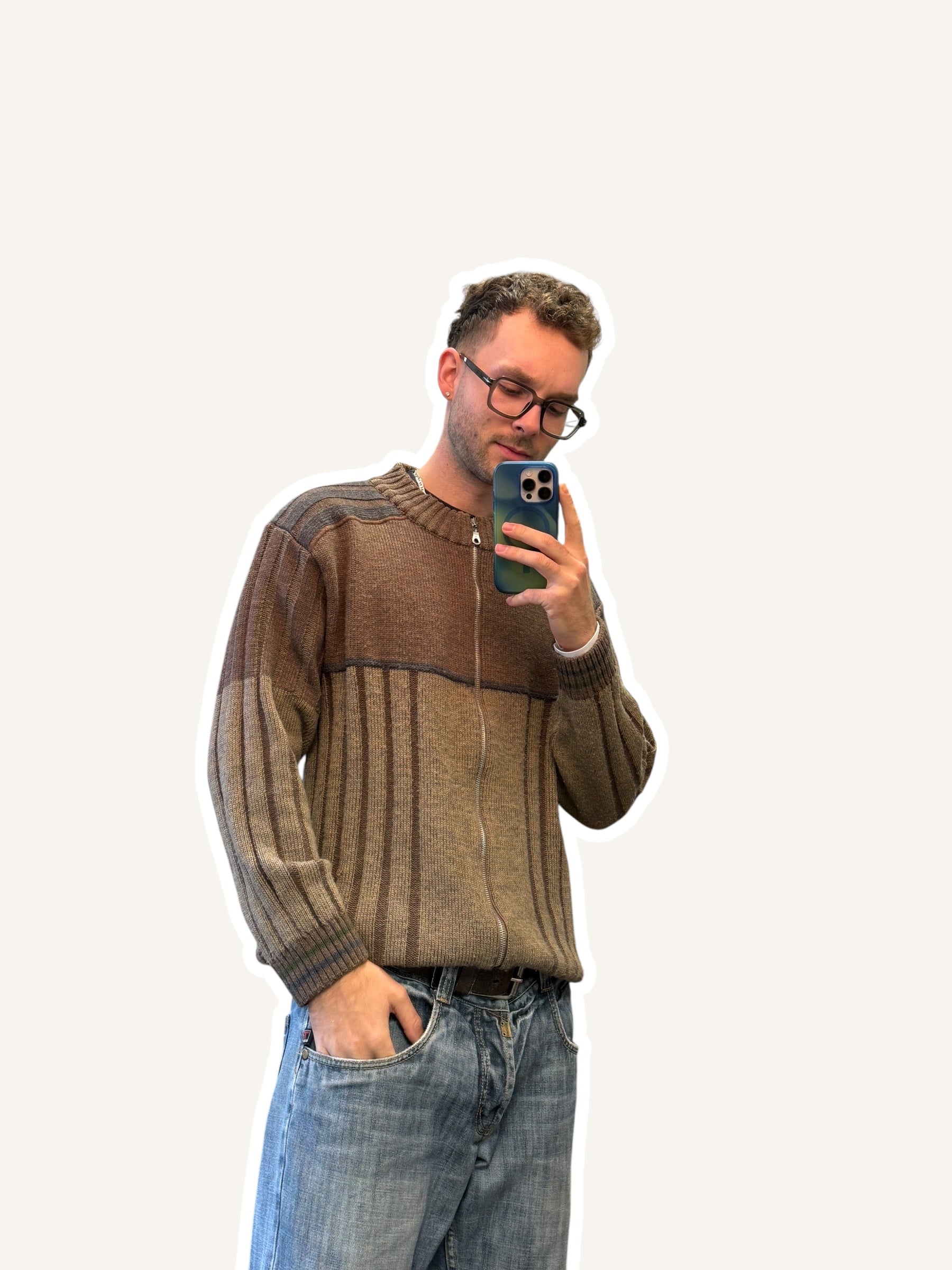 1990s Wolle Strickjacke Grau/Braun | L