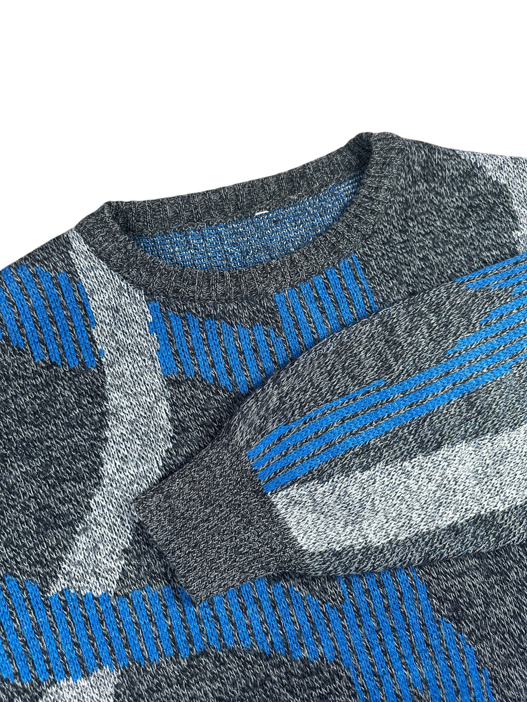 1980s/1990s Strickpullover Grau/Blau Abstraktes Muster | Vintage L–XL
