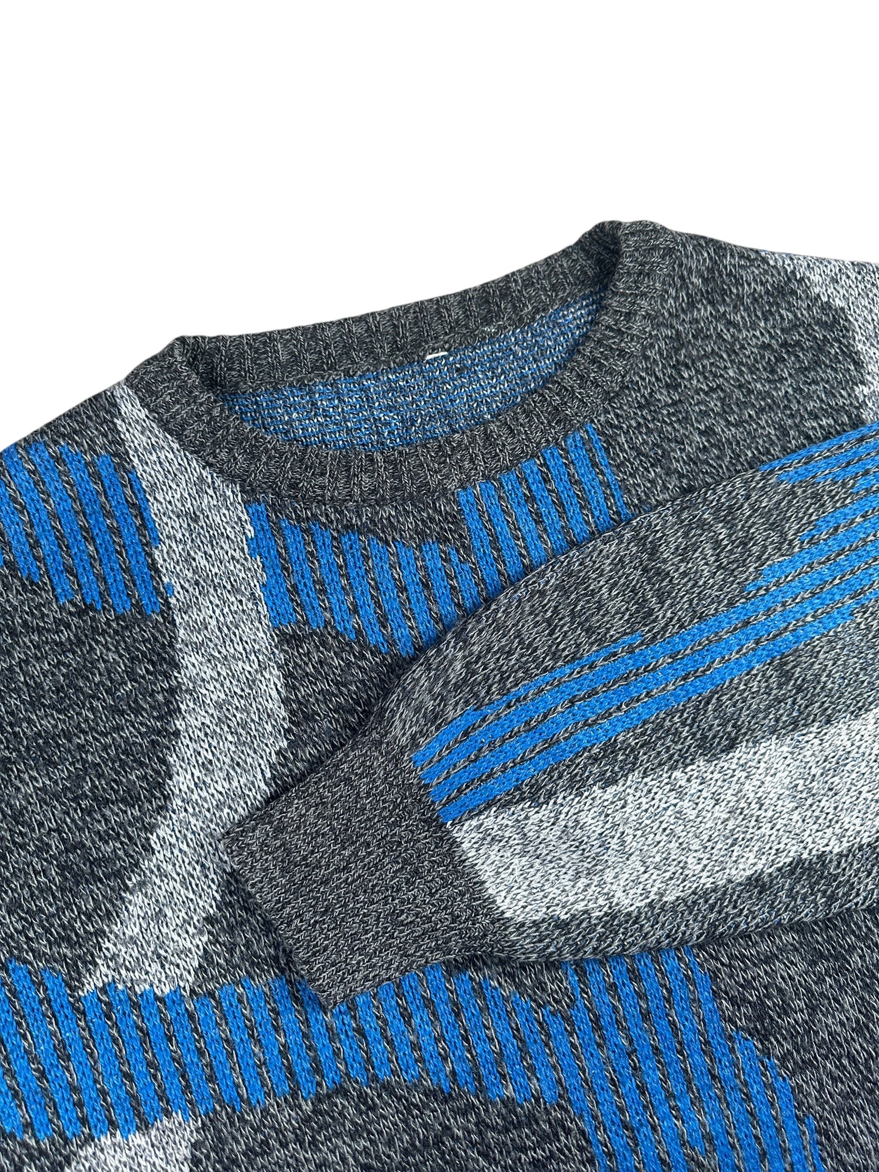 1980s/1990s Strickpullover Grau/Blau Abstraktes Muster | Vintage L–XL
