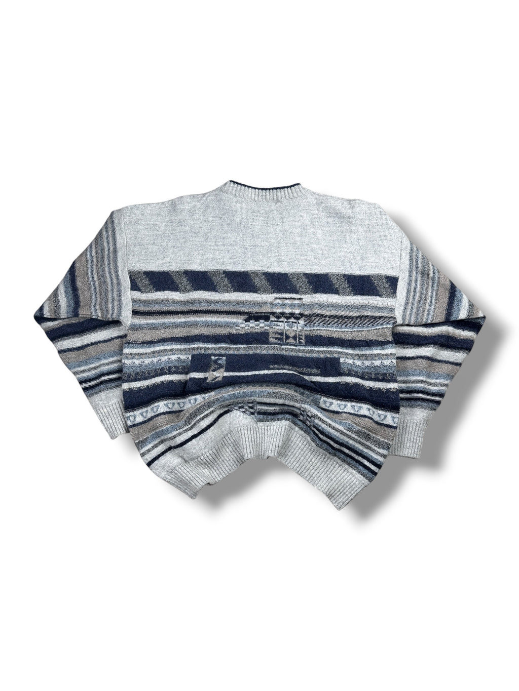 1990s Hans Lettmann Strickpullover Grau Streifen Geometrisches Muster | Vintage S–M