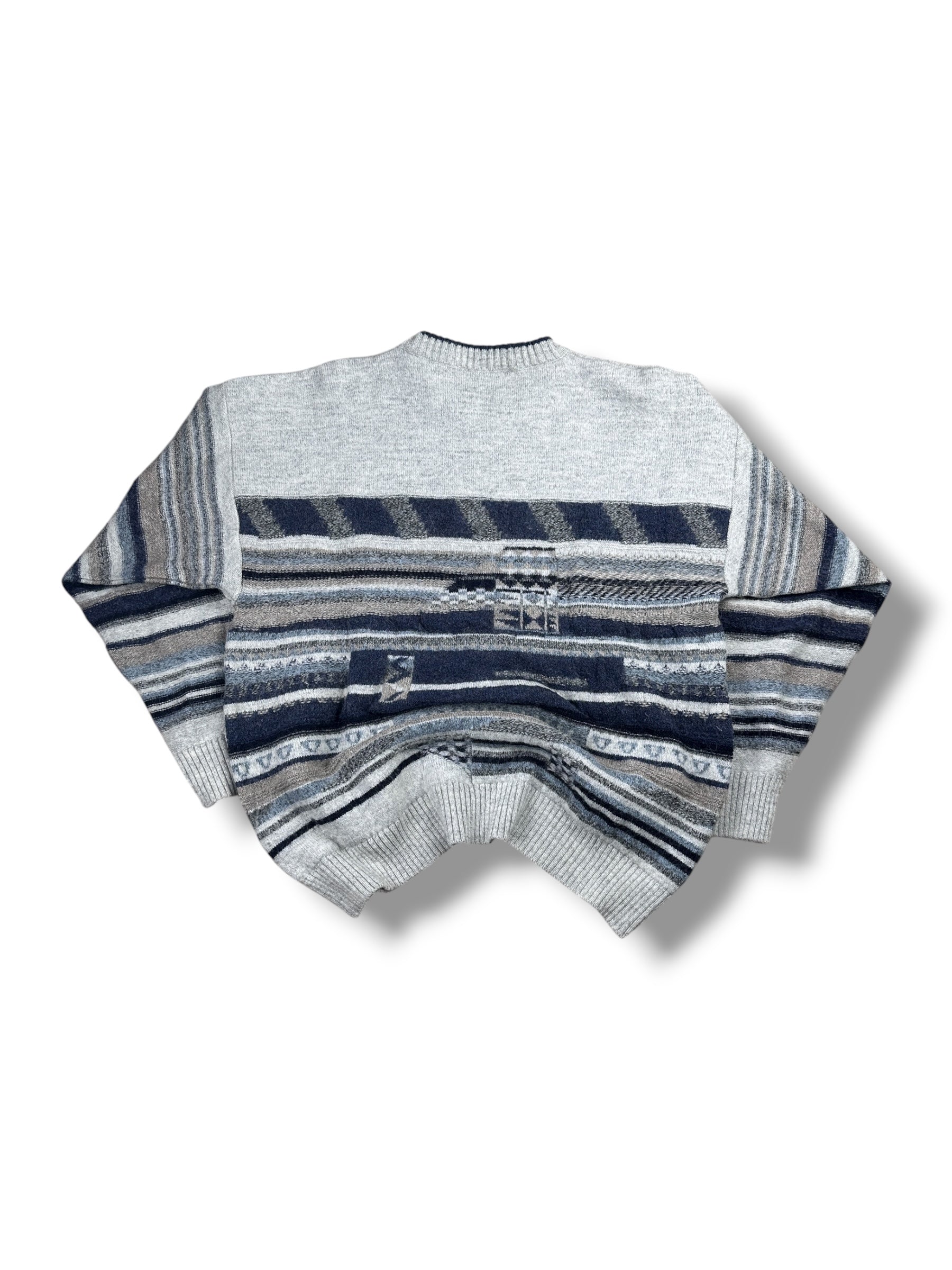 1990s Hans Lettmann Strickpullover Grau Streifen Geometrisches Muster | Vintage S–M