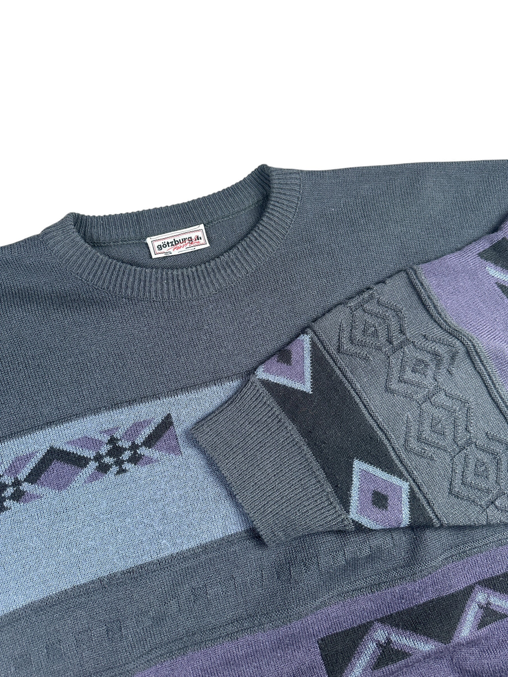 1980s Götzburg Strickpullover Blau/Lila Geometrisches Muster | Vintage M-L