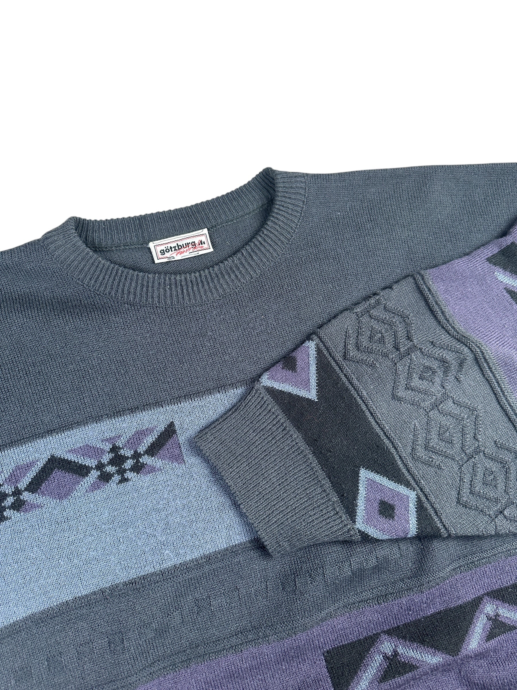 1980s Götzburg Strickpullover Blau/Lila Geometrisches Muster | Vintage M-L