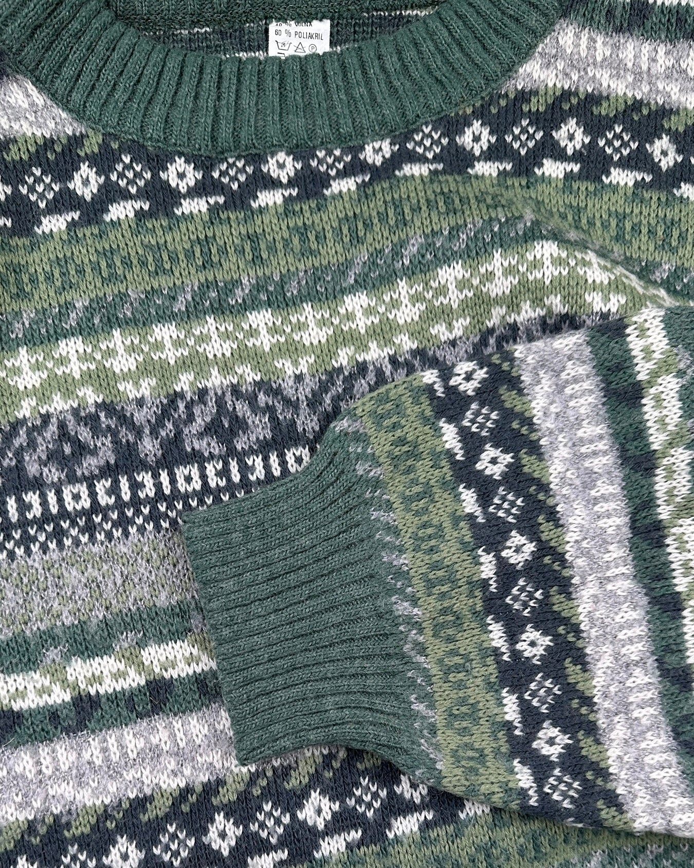 1980s/1990s Fair-Isle Stricksweater Grün & Weiß | Vintage M