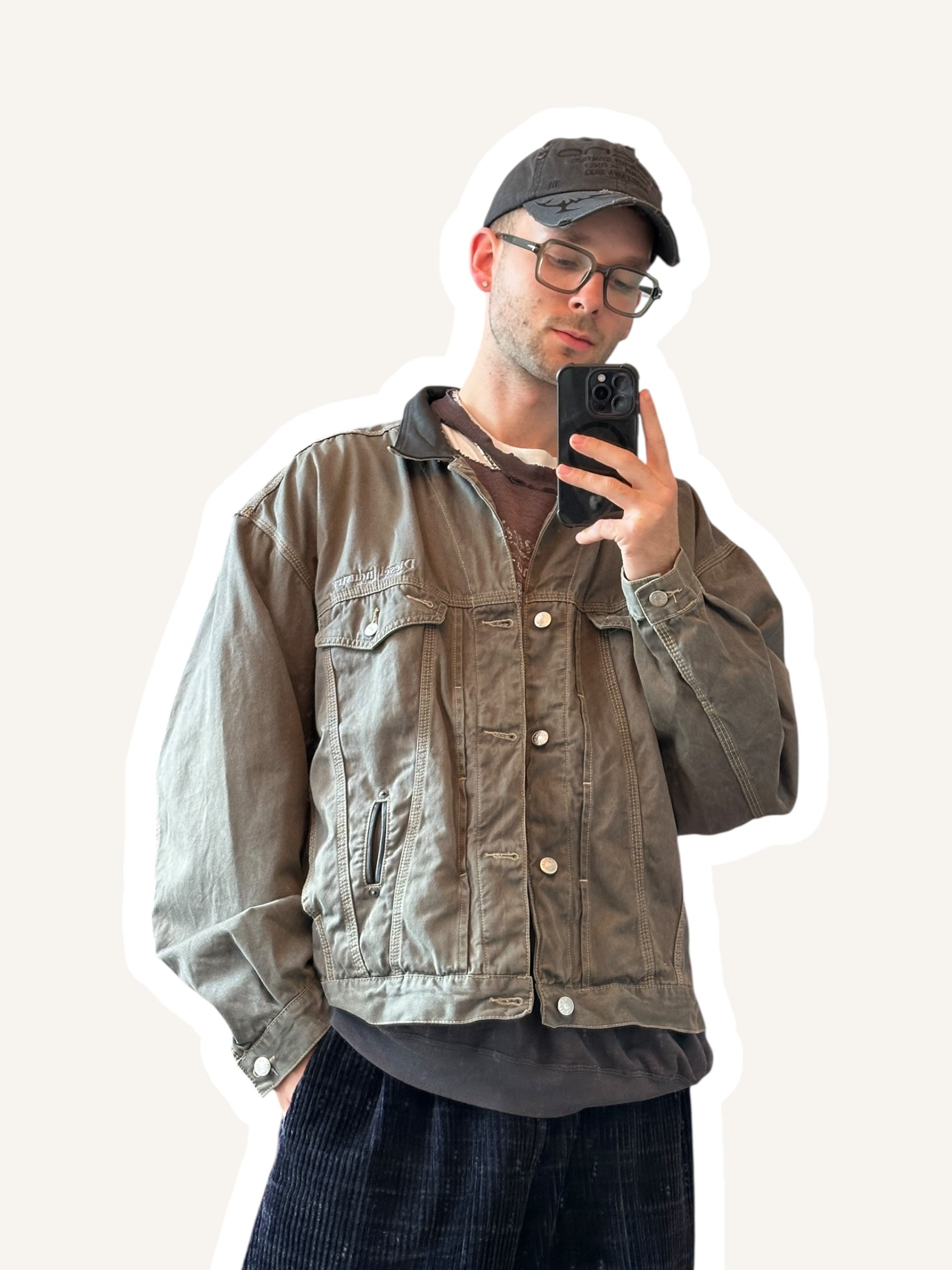 1990s Diesel Industries Jeansjacke Stone Grau mit Lederkragen | Vintage XXL