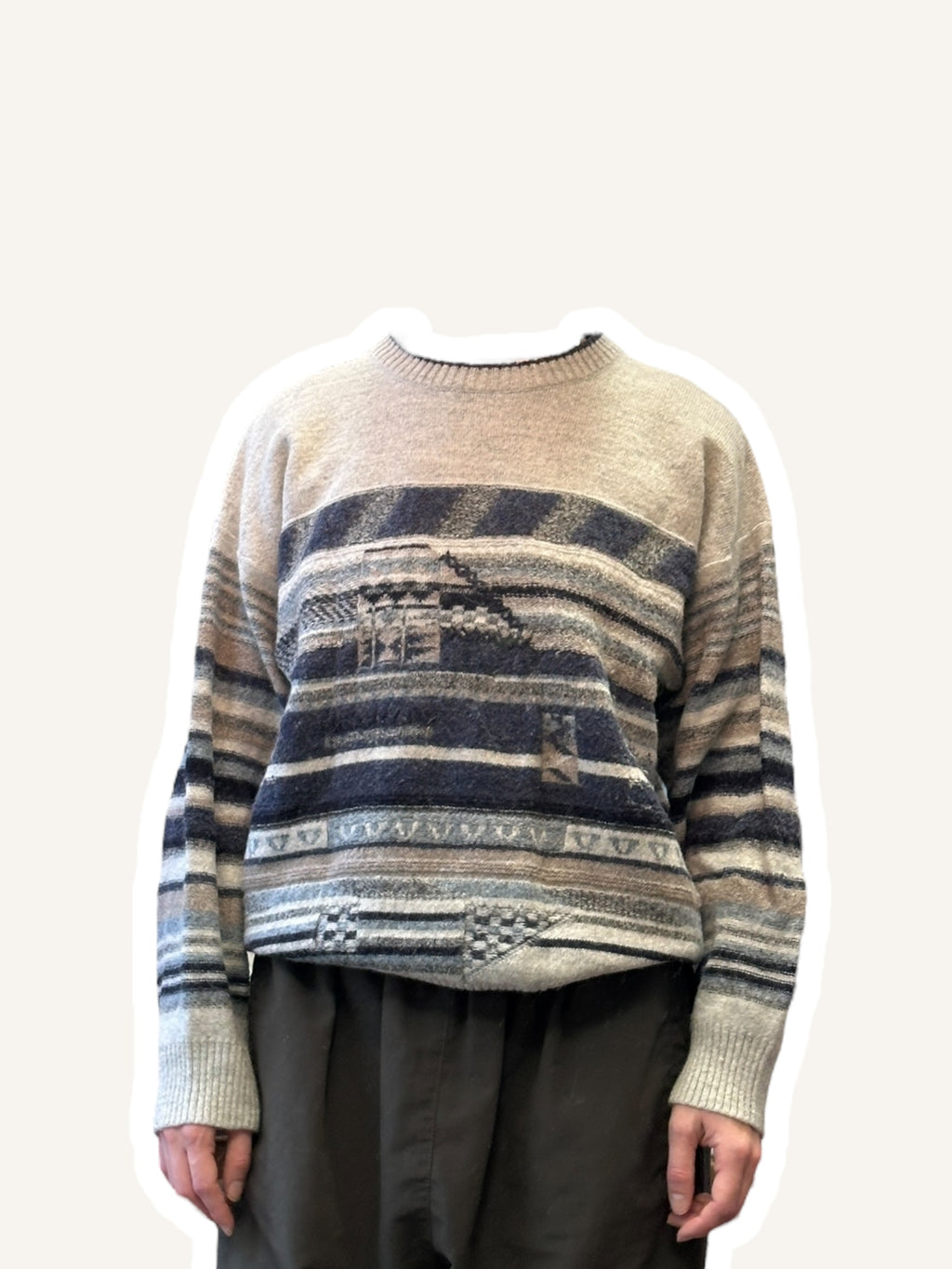 1990s Hans Lettmann Strickpullover Grau Streifen Geometrisches Muster | Vintage S–M