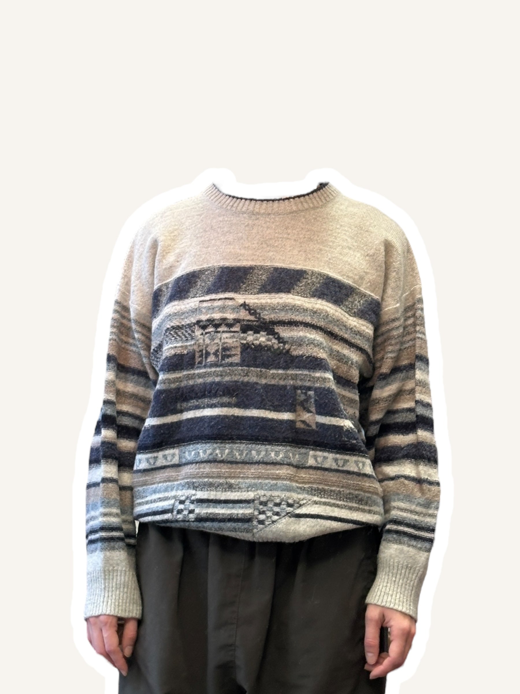 1990s Hans Lettmann Strickpullover Grau Streifen Geometrisches Muster | Vintage S–M