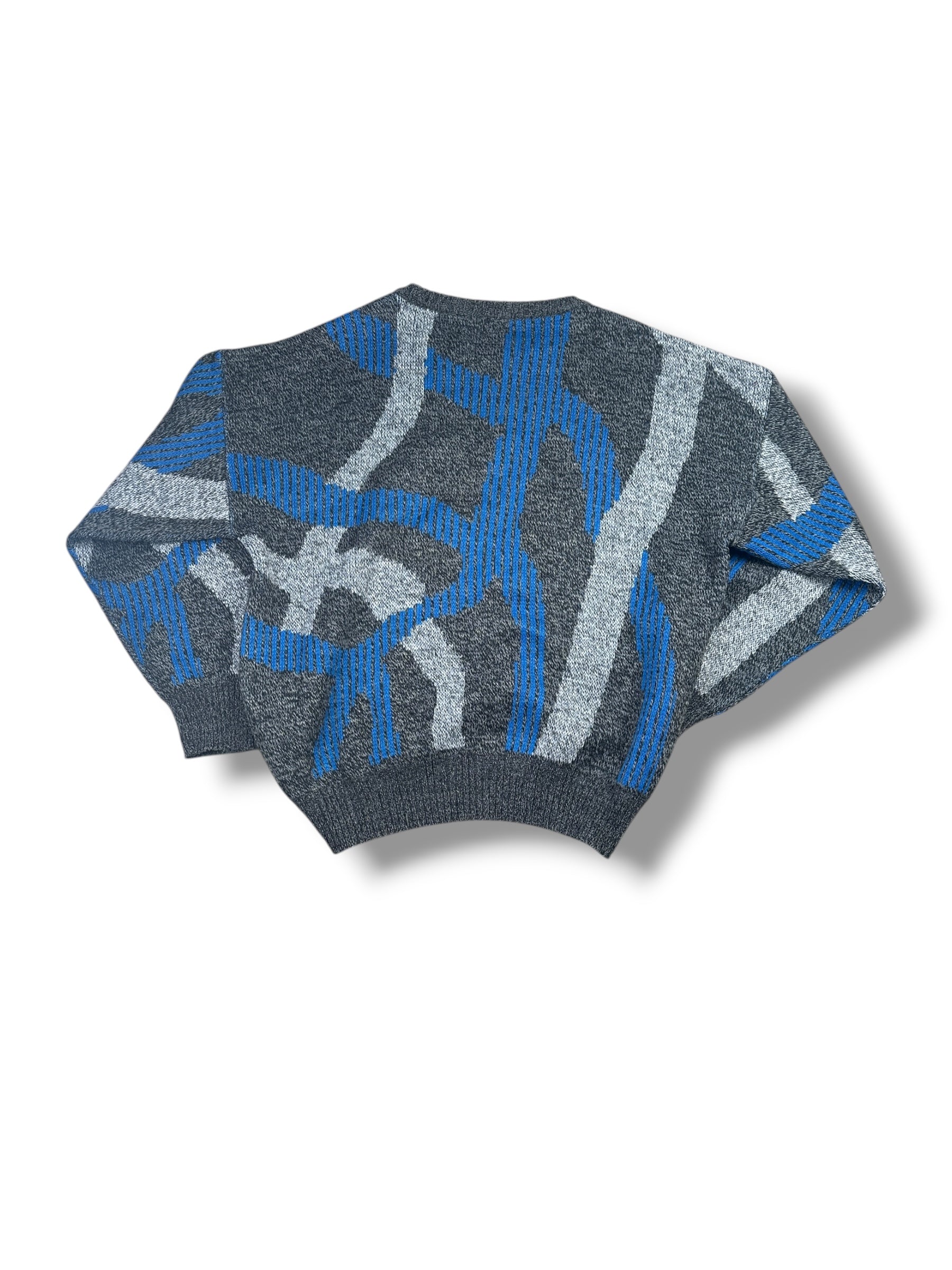 1980s/1990s Strickpullover Grau/Blau Abstraktes Muster | Vintage L–XL