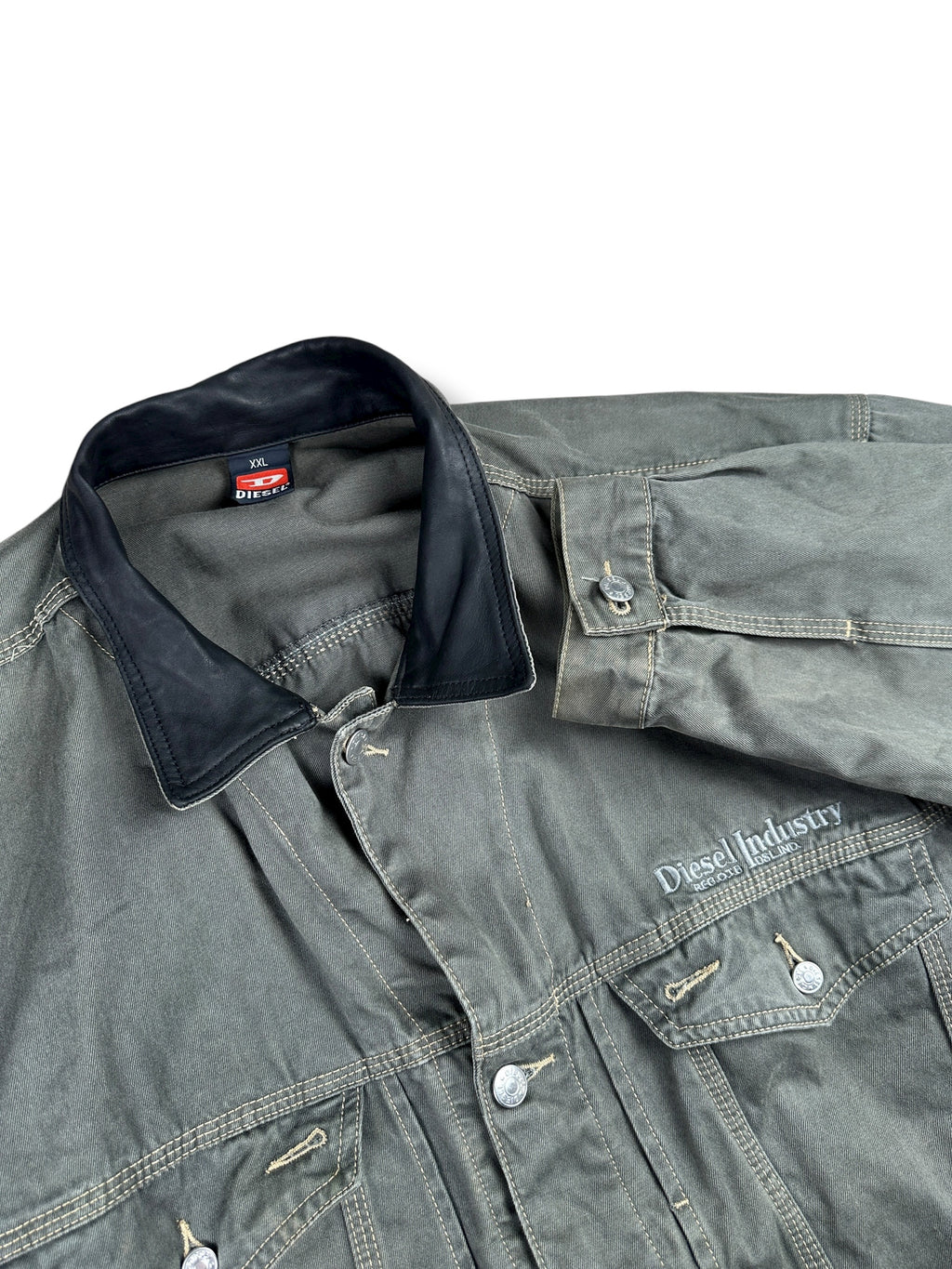 1990s Diesel Industries Jeansjacke Stone Grau mit Lederkragen | Vintage XXL