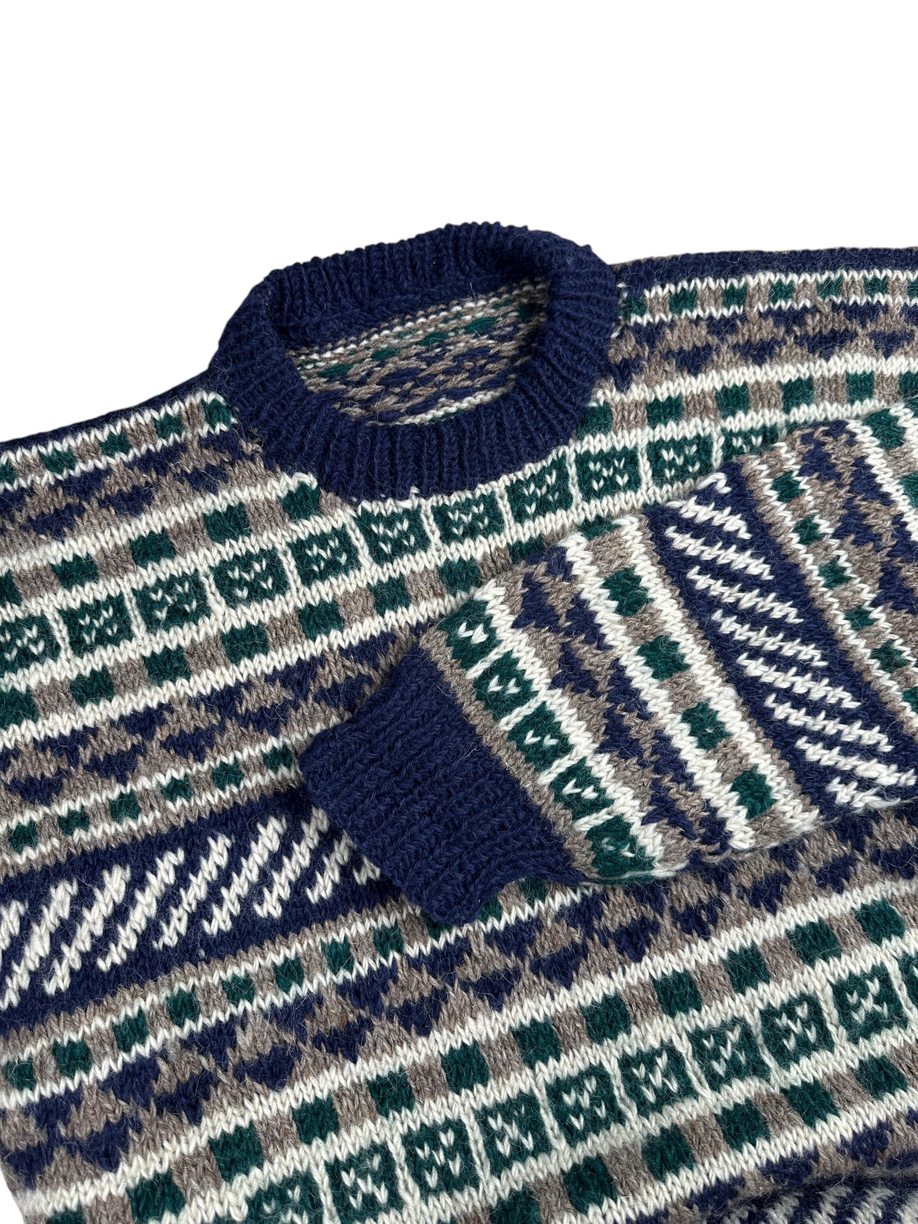 1990s Handgestrickter Stricksweater Dunkelblau Fair-Isle Muster | Vintage L–XL