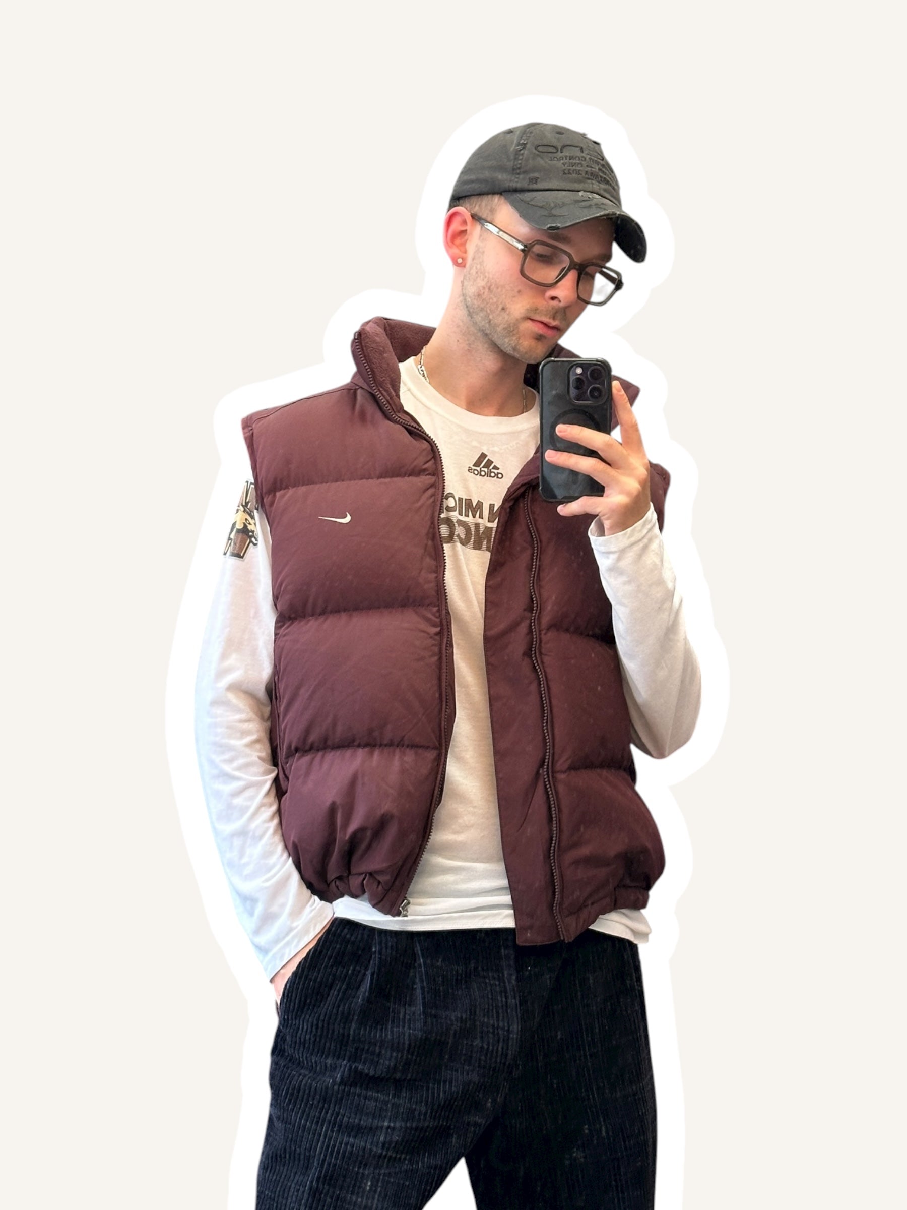 2000s Nike Daunen Puffer-Weste Bordeaux mit Swoosh | Vintage M
