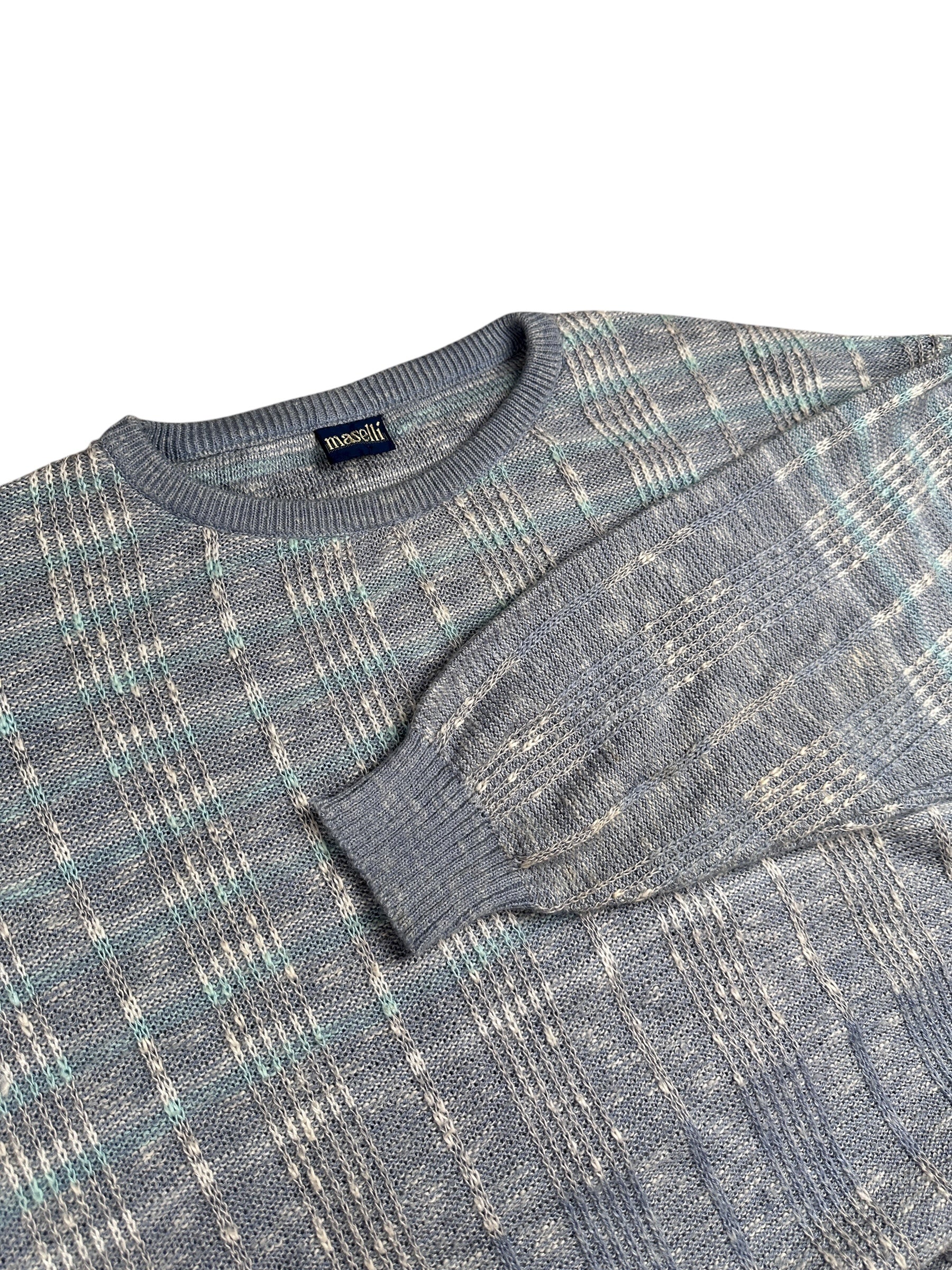 1990s Manetti Strickpullover Mehrfarbig Karomuster Blau/Grau/Weiß | Vintage