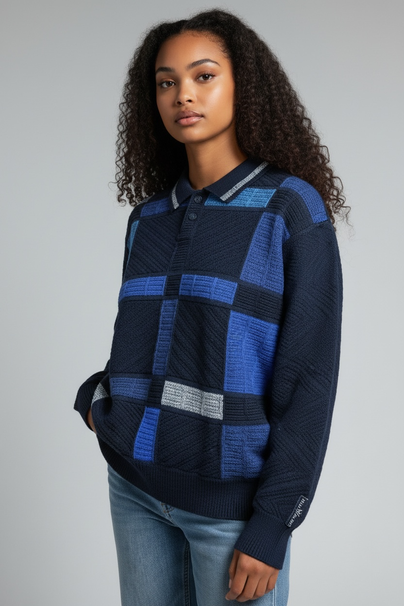 1990s Carlo Colucci Langarm-Stricksweater Polo Dunkel- & Hellblau Quadrat-Design | Vintage M