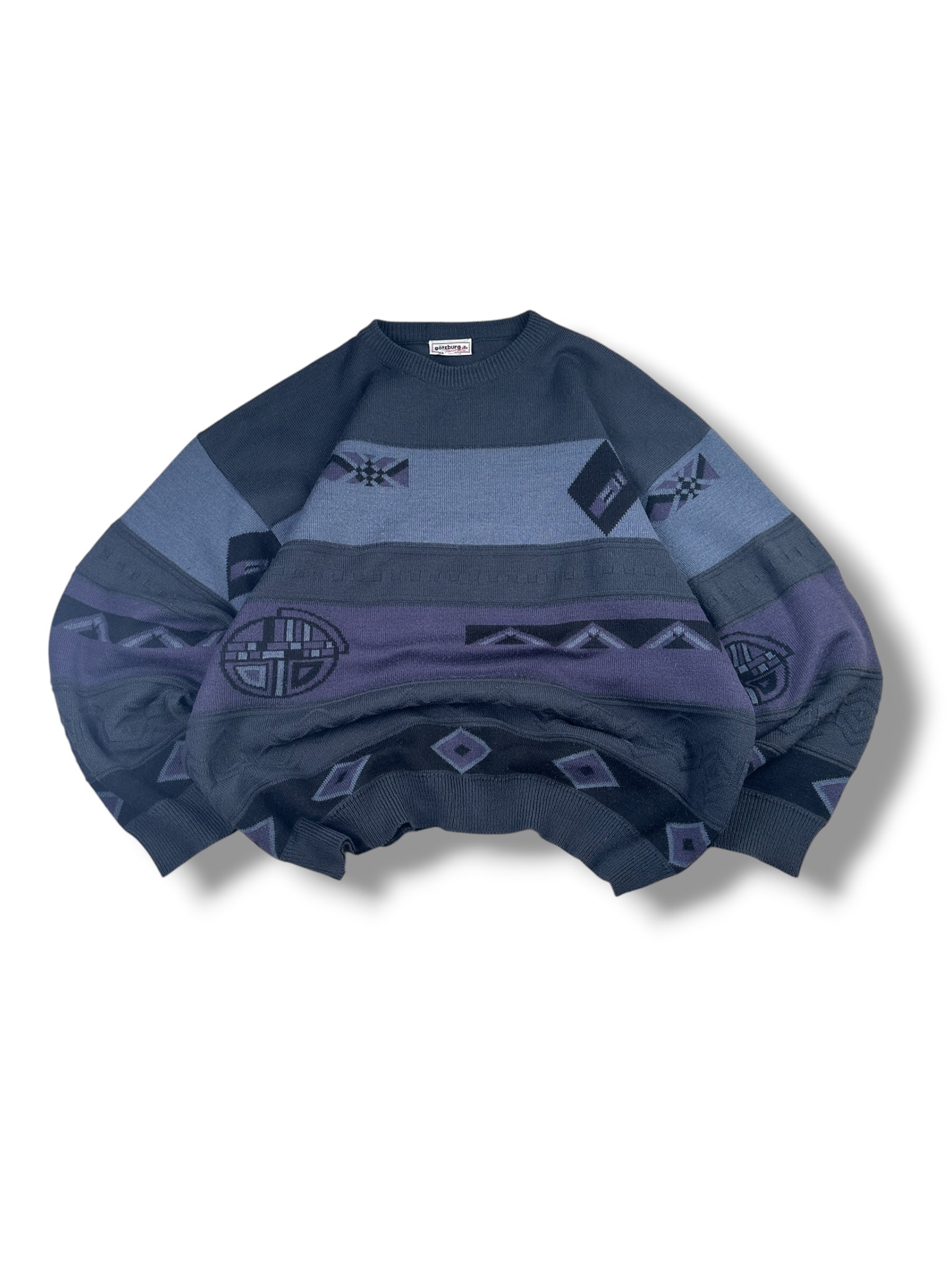 1980s Götzburg Strickpullover Blau/Lila Geometrisches Muster | Vintage M-L