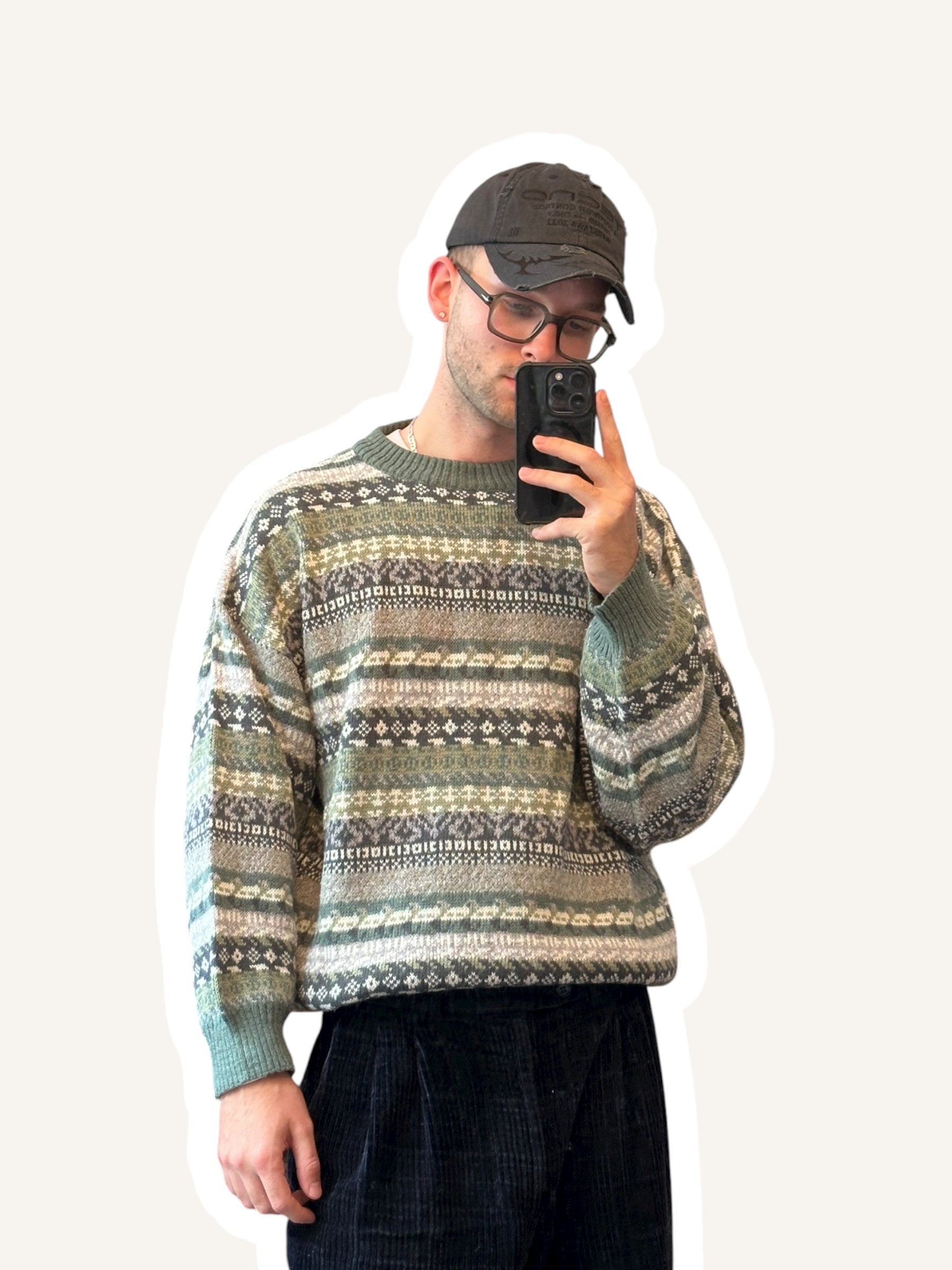 1980s/1990s Fair-Isle Stricksweater Grün & Weiß | Vintage M