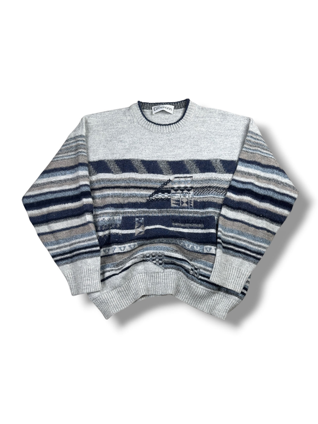 1990s Hans Lettmann Strickpullover Grau Streifen Geometrisches Muster | Vintage S–M