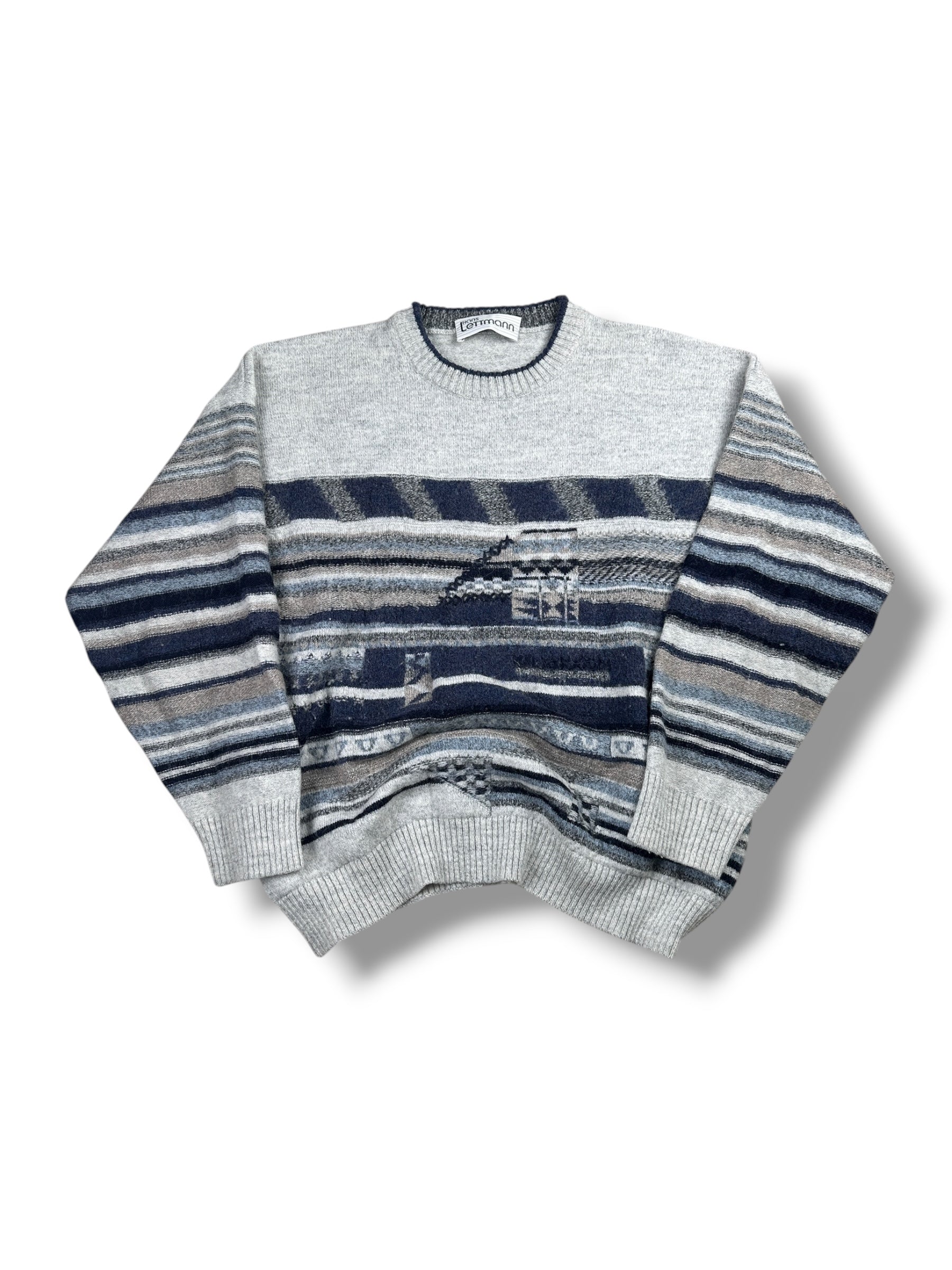 1990s Hans Lettmann Strickpullover Grau Streifen Geometrisches Muster | Vintage S–M