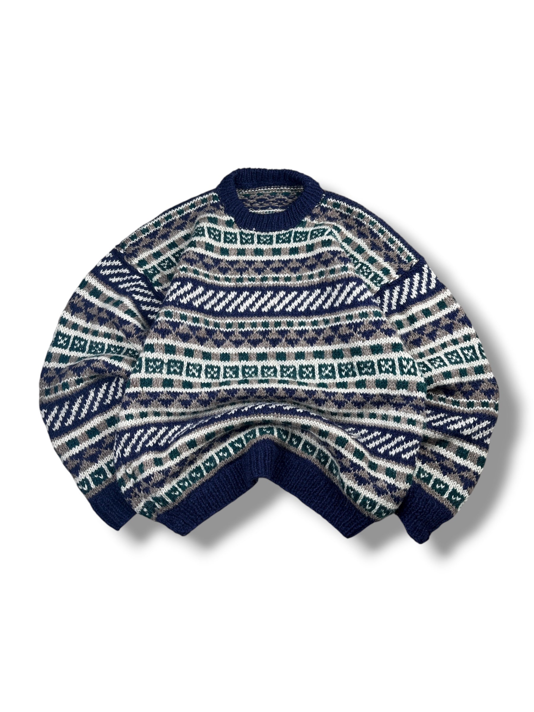1990s Handgestrickter Stricksweater Dunkelblau Fair-Isle Muster | Vintage L–XL