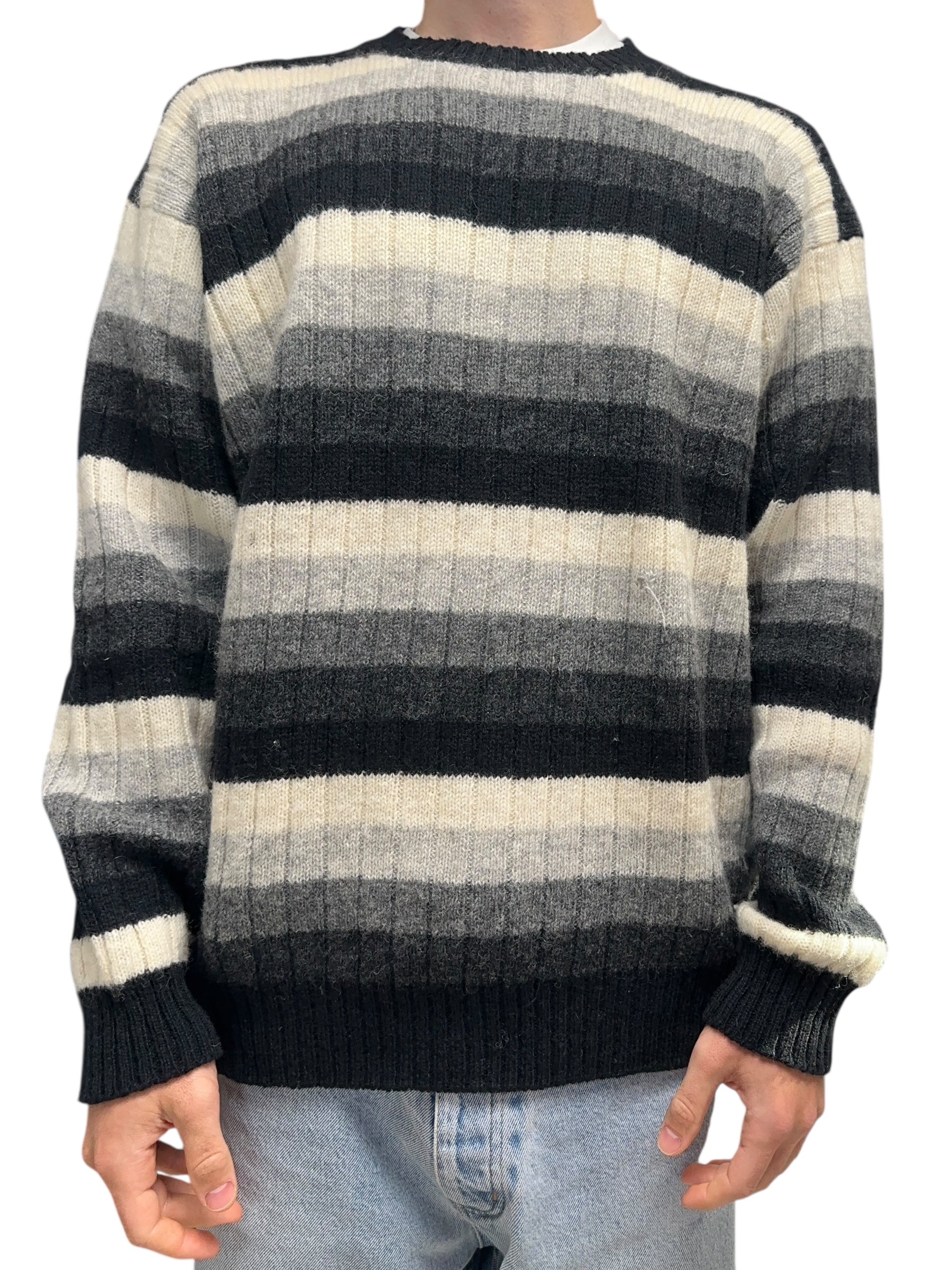 1990s Nara Maglie Sweater Shetland New Wool gestreift Schwarz Weiß XL y2k