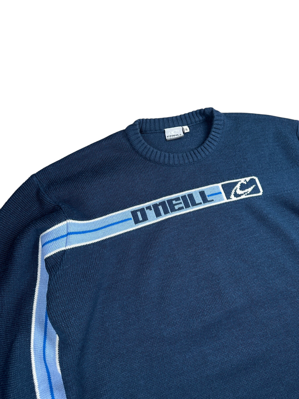 2000s O’Neill Stricksweater Dunkelblau mit Streifen & Spellout | Vintage XL