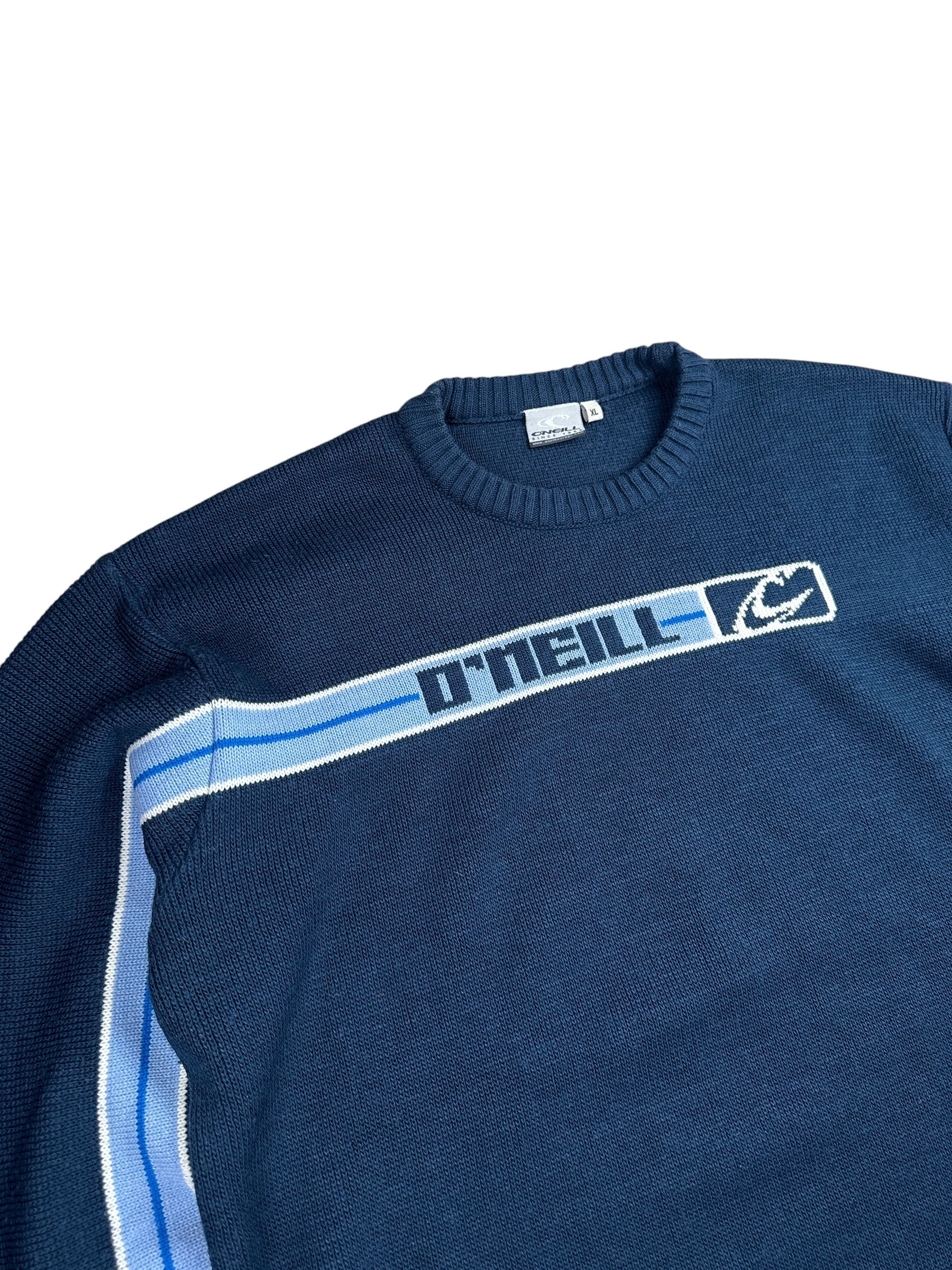 2000s O’Neill Stricksweater Dunkelblau mit Streifen & Spellout | Vintage XL