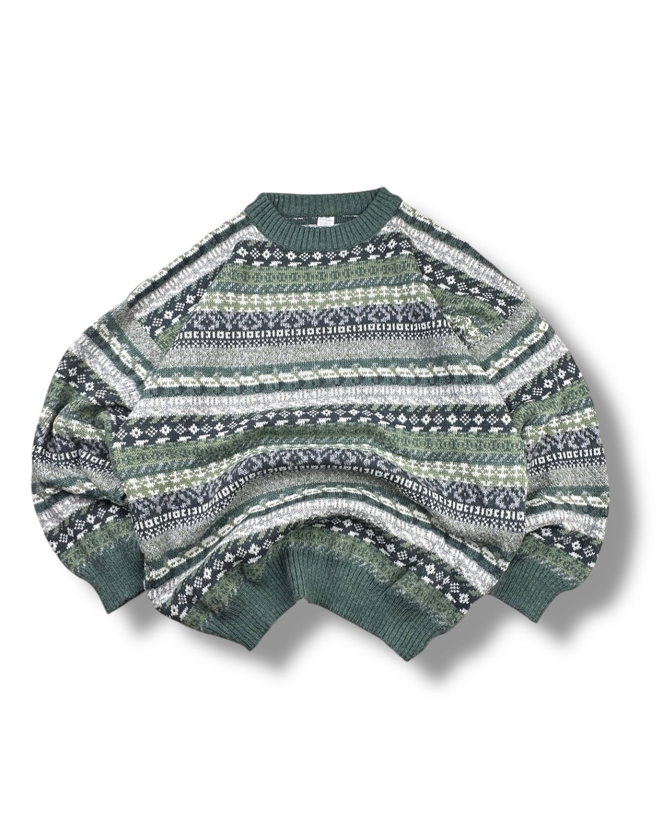 1980s/1990s Fair-Isle Stricksweater Grün & Weiß | Vintage M