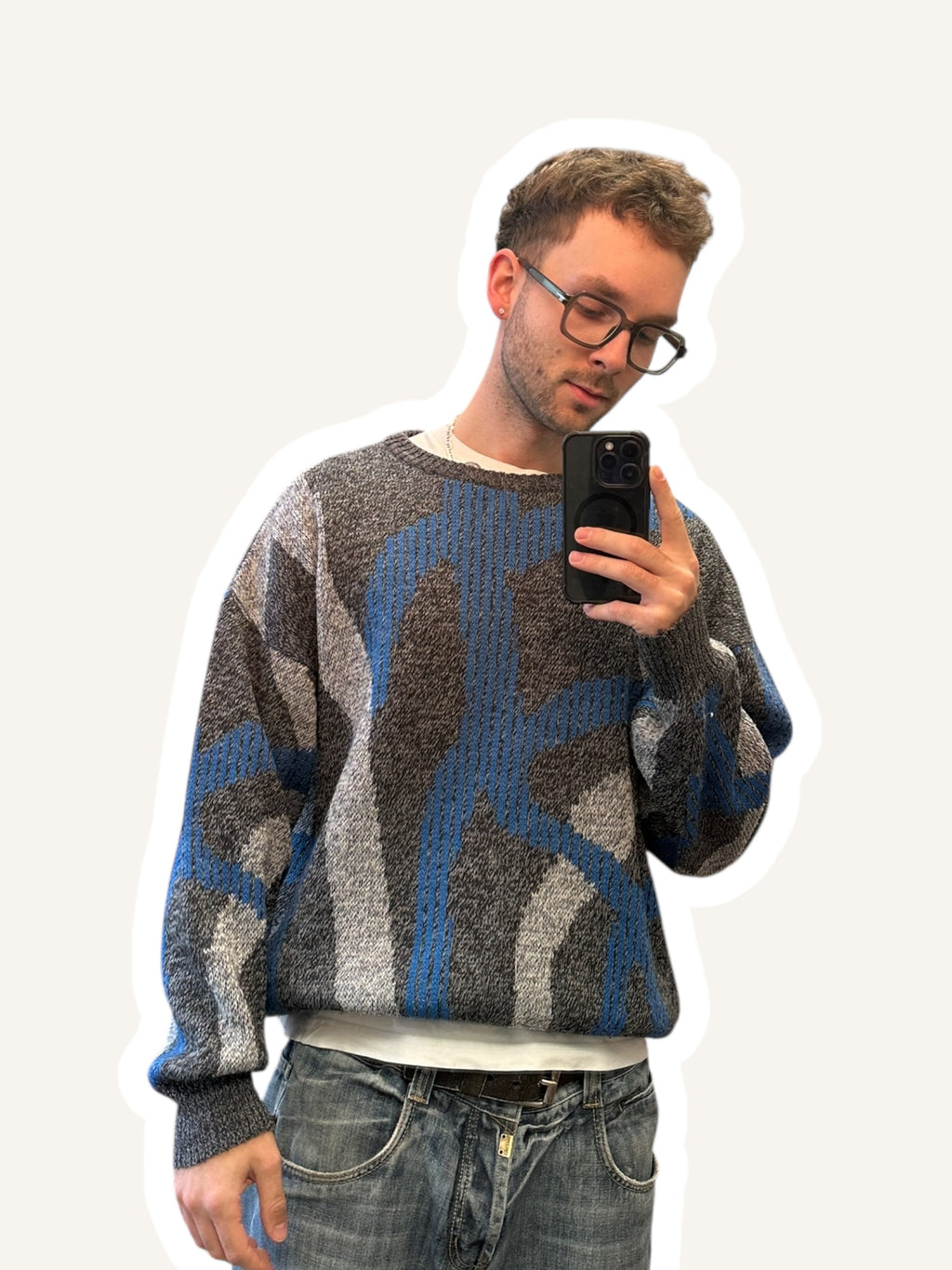 1980s/1990s Strickpullover Grau/Blau Abstraktes Muster | Vintage L–XL
